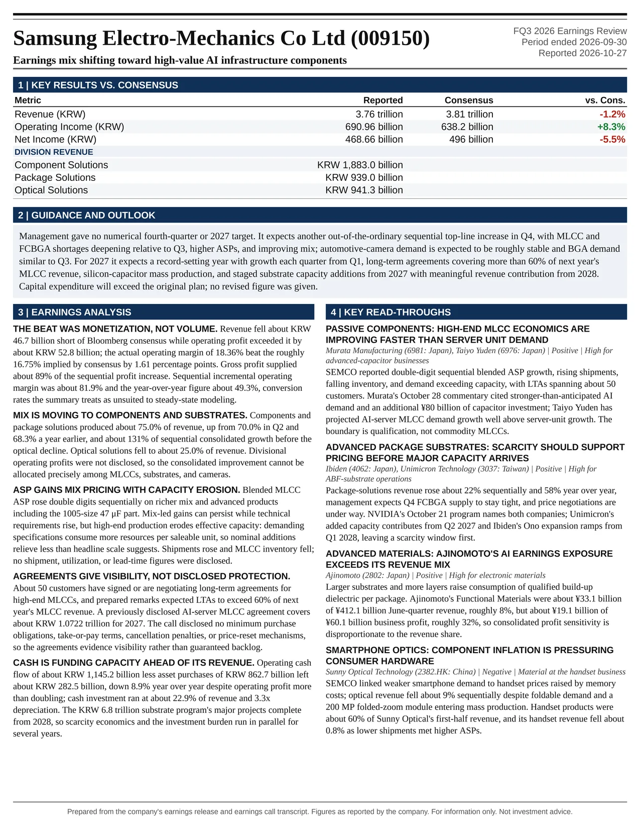 Samsung Electro-Mechanics Co Ltd FQ3 2026 one-page earnings exhibit: Earnings mix shifting toward high-value AI infrastructure components