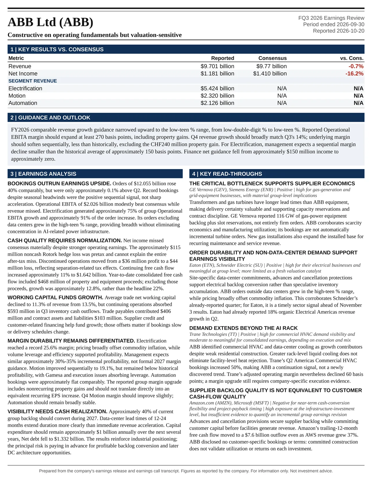 ABB FQ3 2026 one-page earnings exhibit: Constructive on operating fundamentals but valuation-sensitive