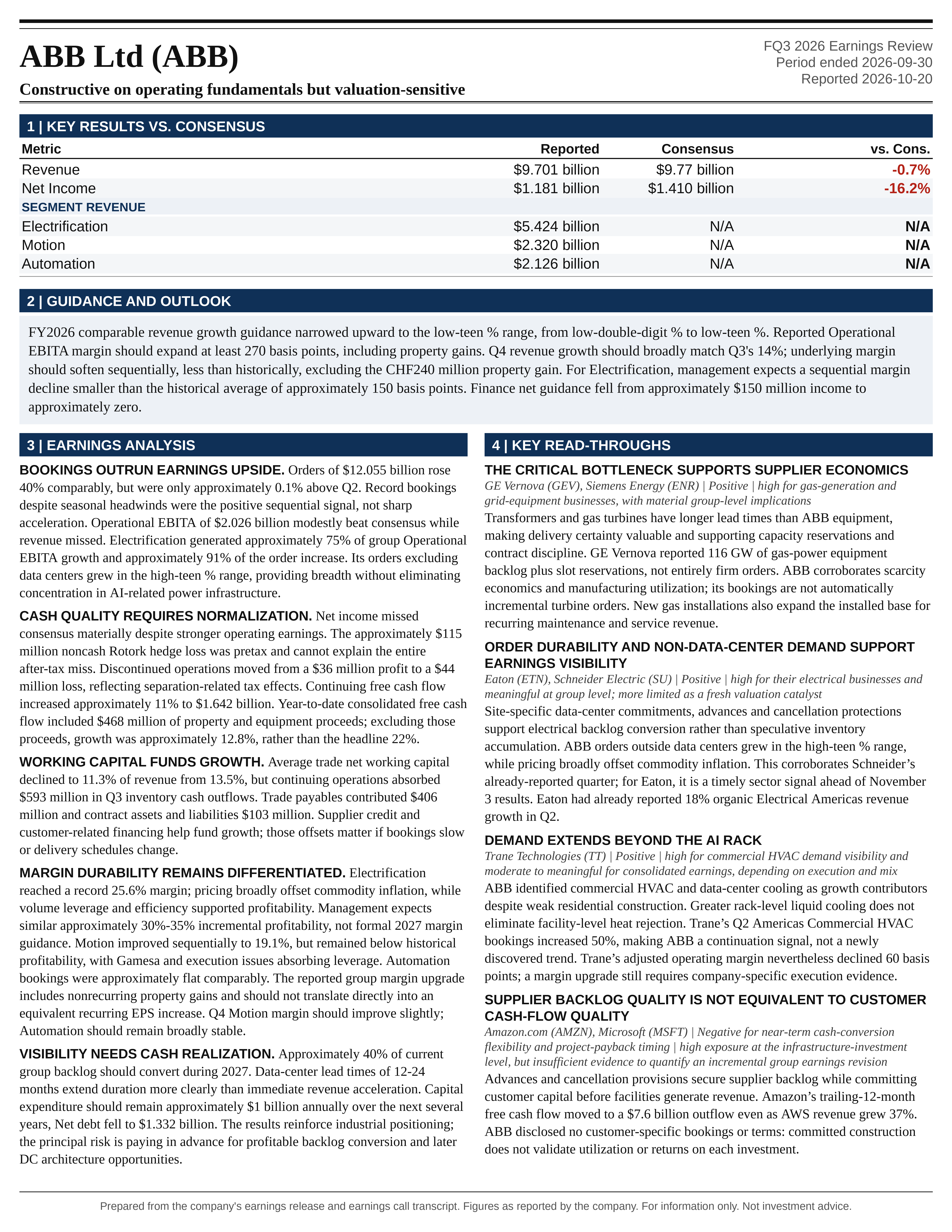 ABB FQ3 2026 one-page earnings exhibit: Constructive on operating fundamentals but valuation-sensitive