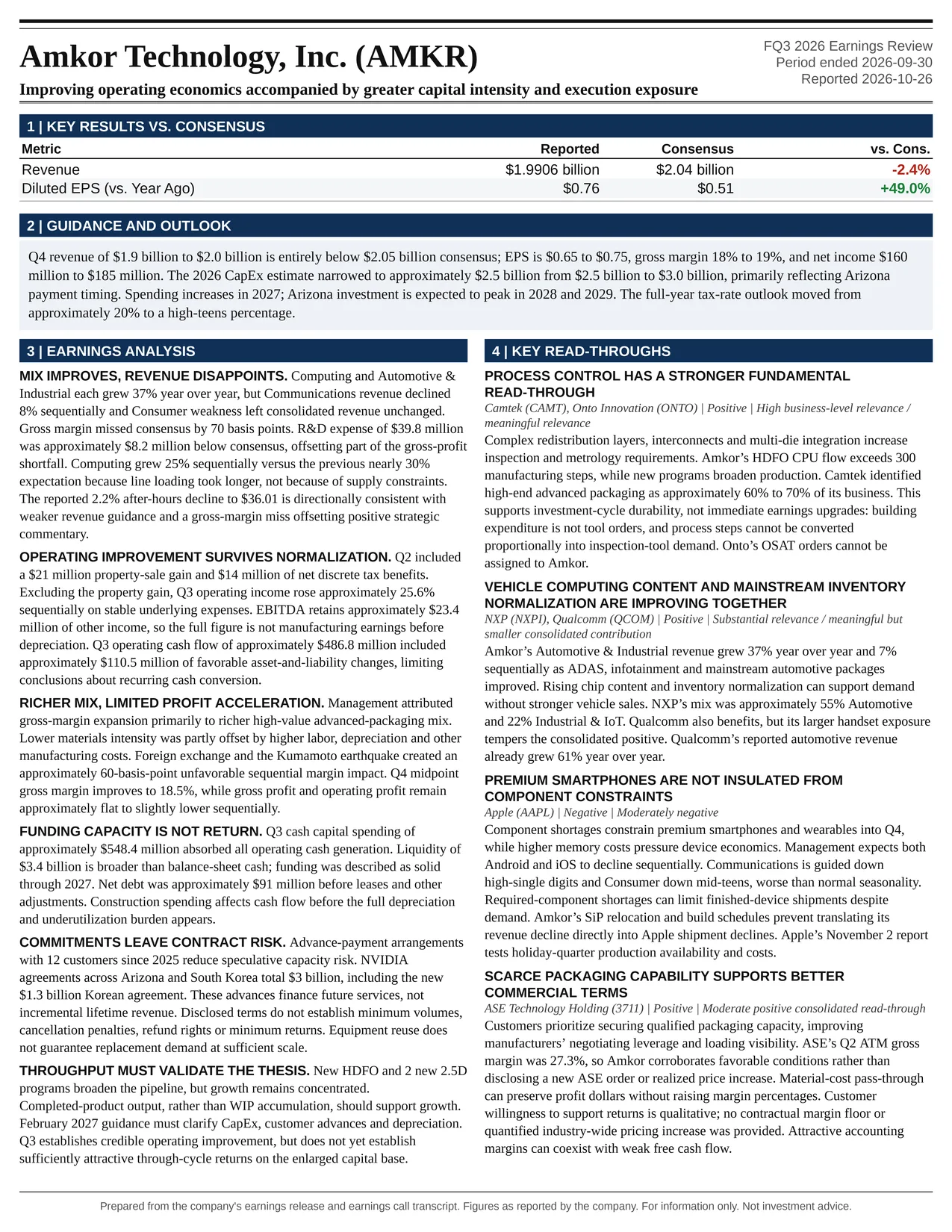 Amkor Technology, Inc. FQ3 2026 one-page earnings exhibit: Improving operating economics accompanied by greater capital intensity and execution exposure