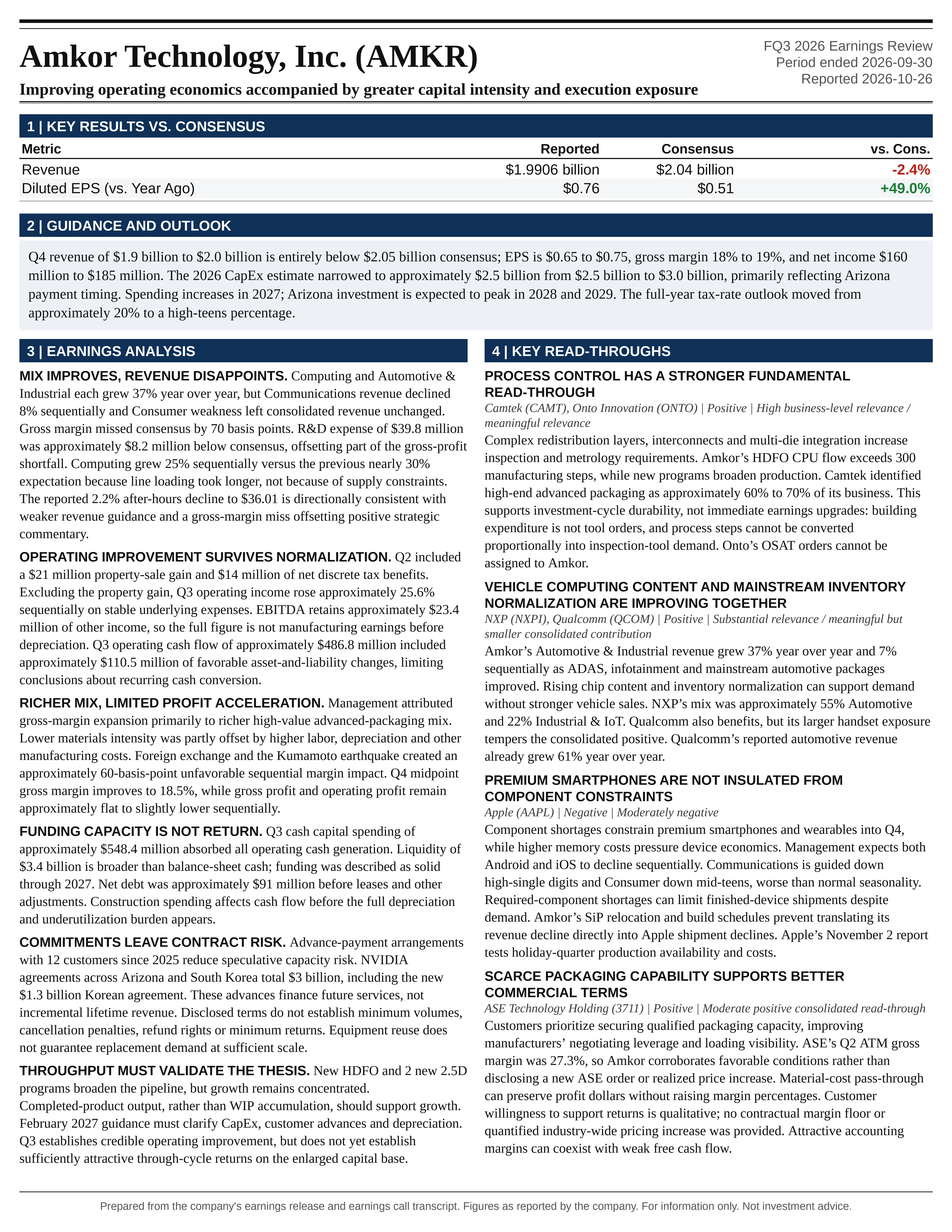 Amkor Technology, Inc. FQ3 2026 one-page earnings exhibit: Improving operating economics accompanied by greater capital intensity and execution exposure