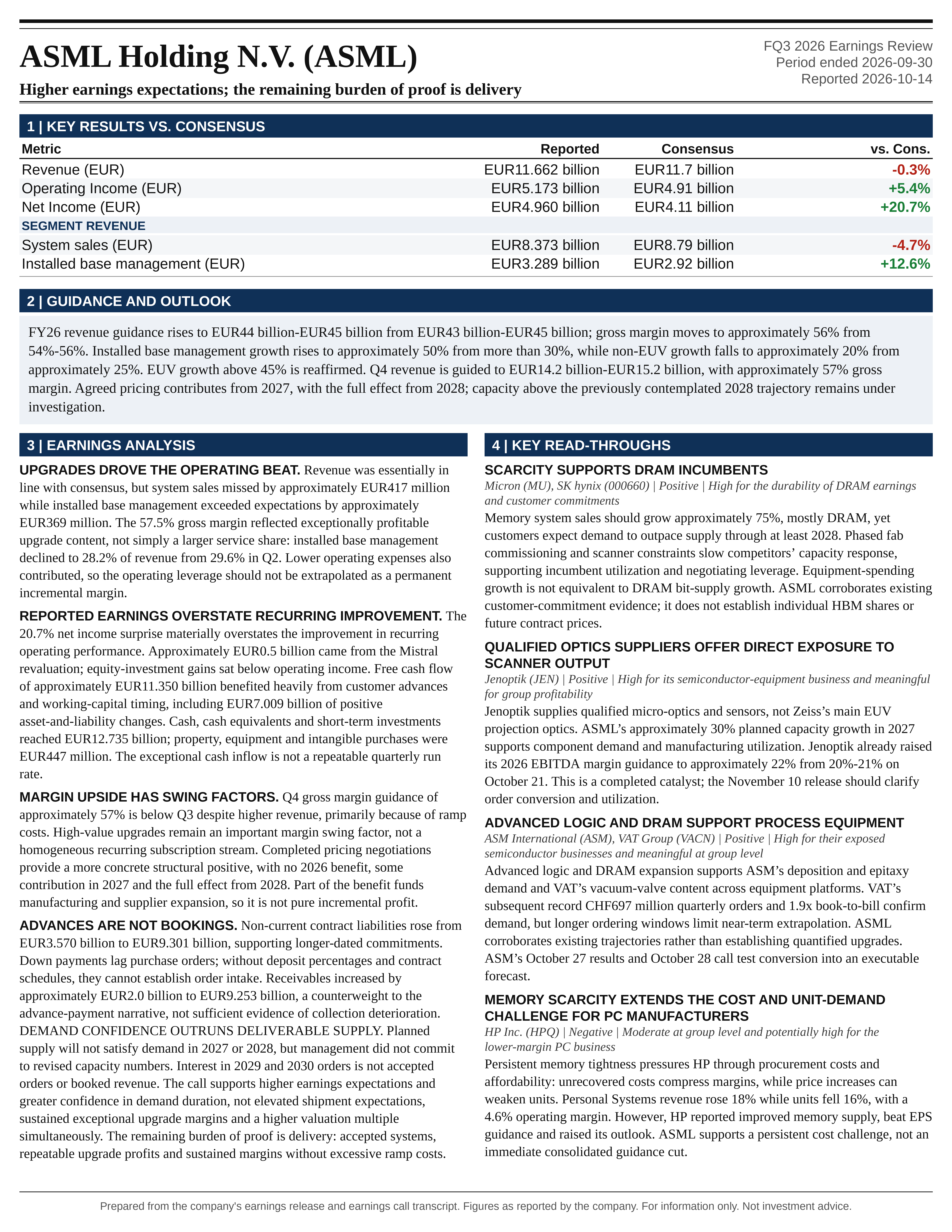 ASML Holding N.V. FQ3 2026 one-page earnings exhibit: Higher earnings expectations; the remaining burden of proof is delivery