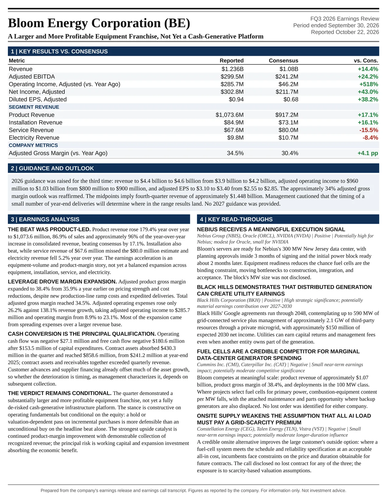 Bloom Energy Corporation FQ3 2026 one-page earnings exhibit: A Larger and More Profitable Equipment Franchise, Not Yet a Cash-Generative Platform