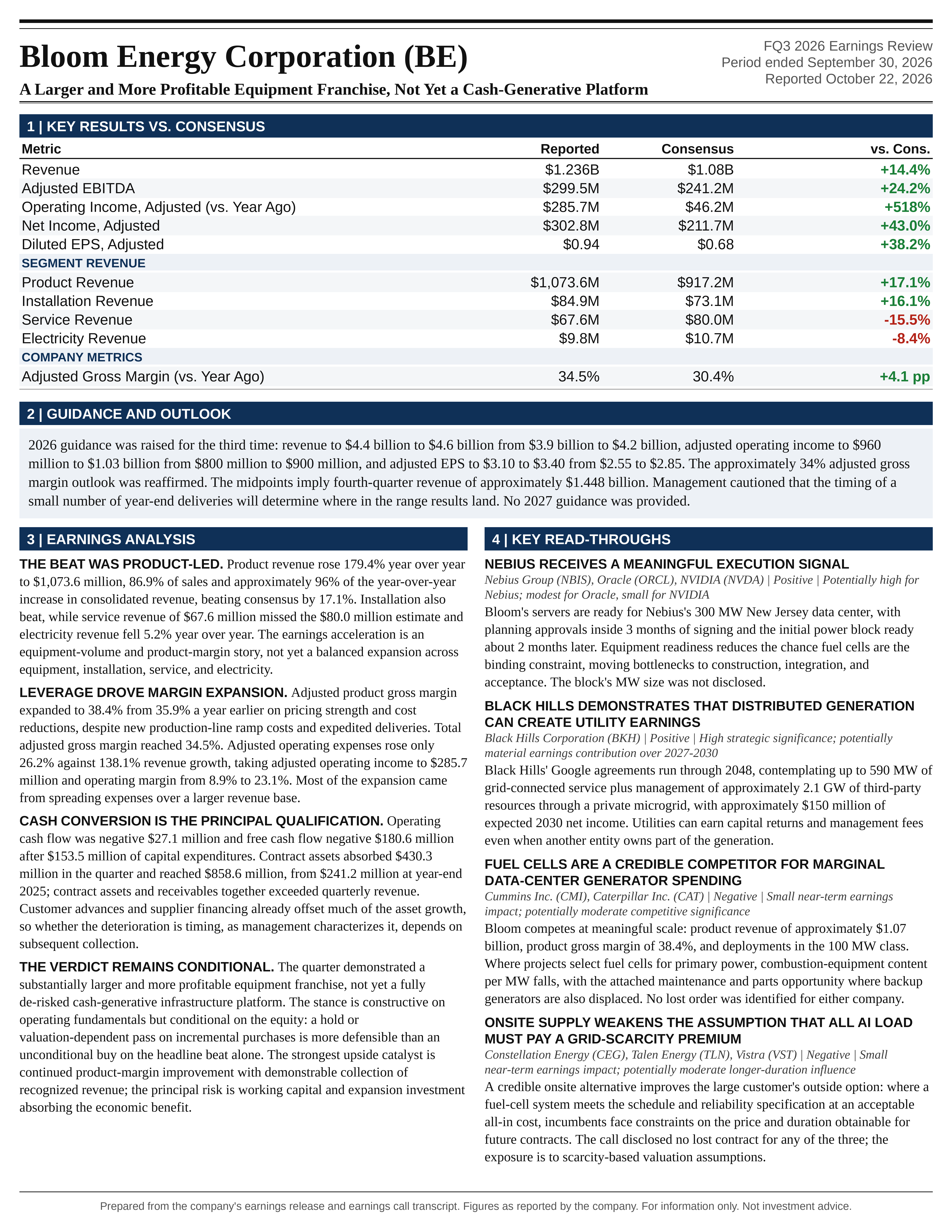 Bloom Energy Corporation FQ3 2026 one-page earnings exhibit: A Larger and More Profitable Equipment Franchise, Not Yet a Cash-Generative Platform