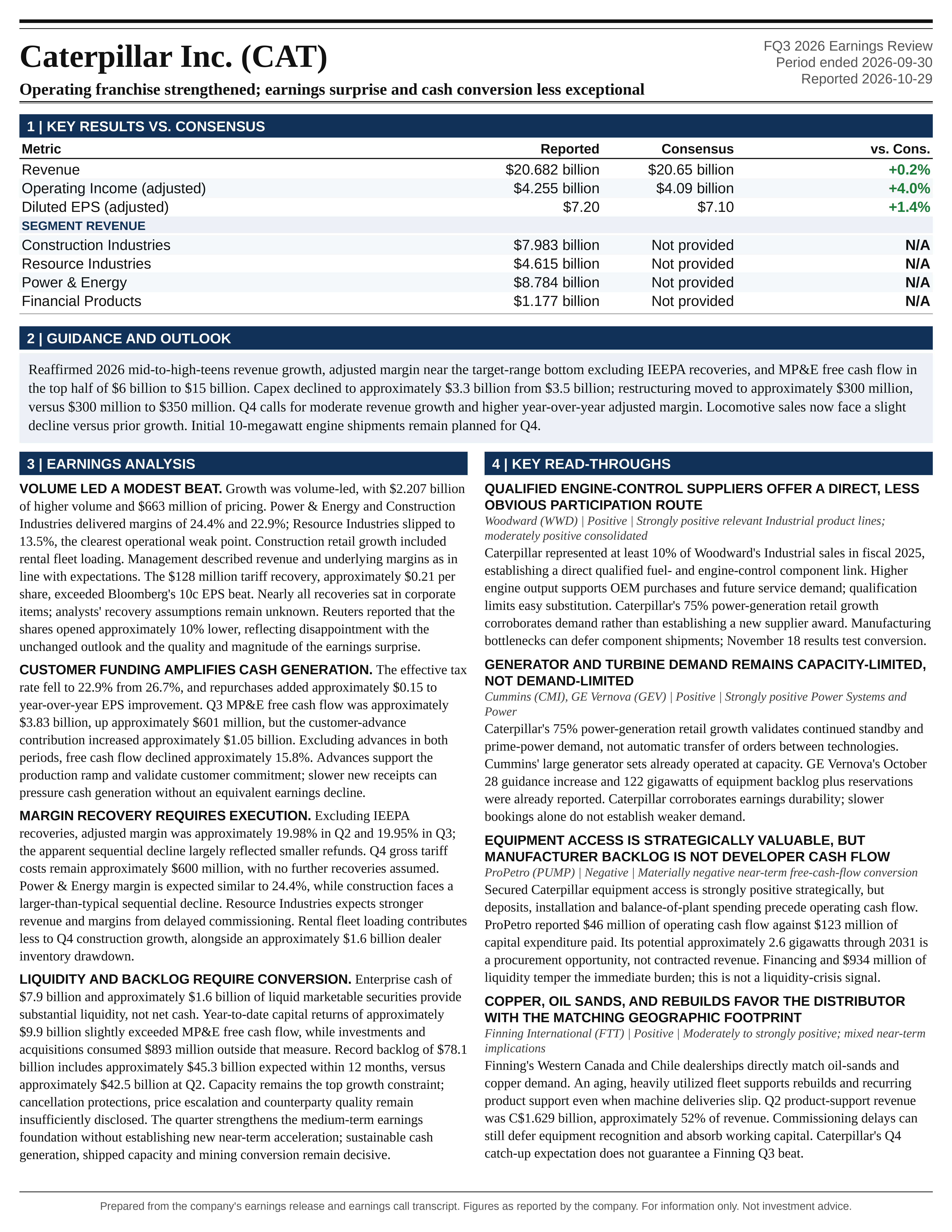 Caterpillar Inc. FQ3 2026 one-page earnings exhibit: Operating franchise strengthened; earnings surprise and cash conversion less exceptional