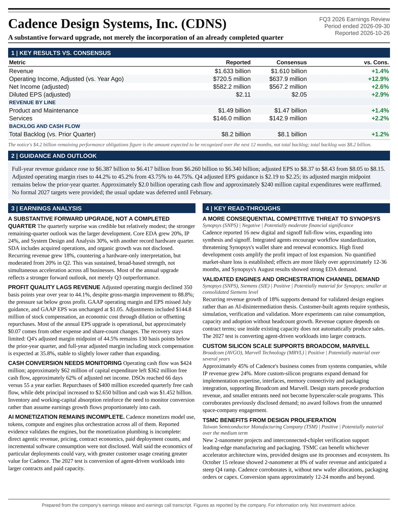 Cadence Design Systems, Inc. FQ3 2026 one-page earnings exhibit: A substantive forward upgrade, not merely the incorporation of an already completed quarter