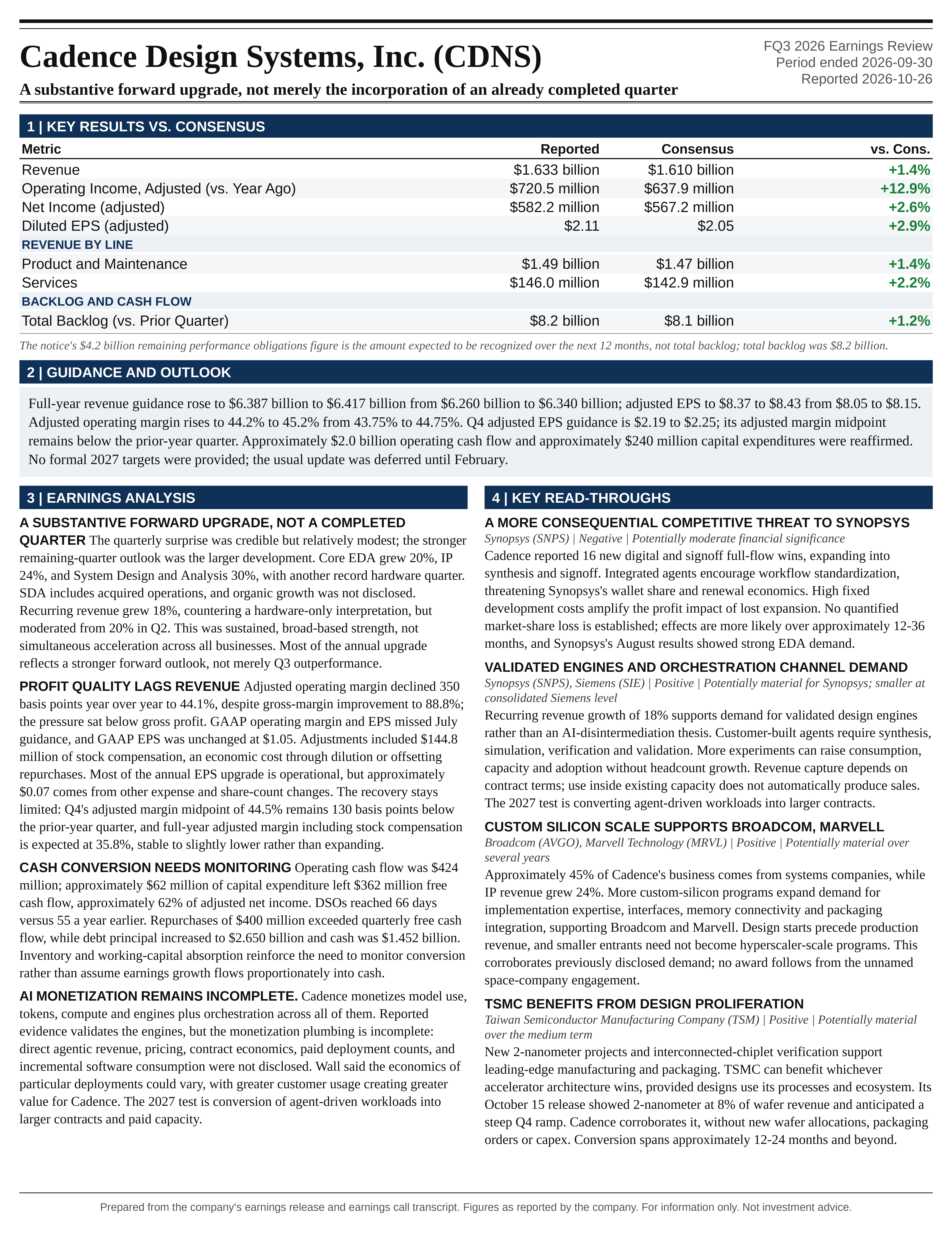 Cadence Design Systems, Inc. FQ3 2026 one-page earnings exhibit: A substantive forward upgrade, not merely the incorporation of an already completed quarter