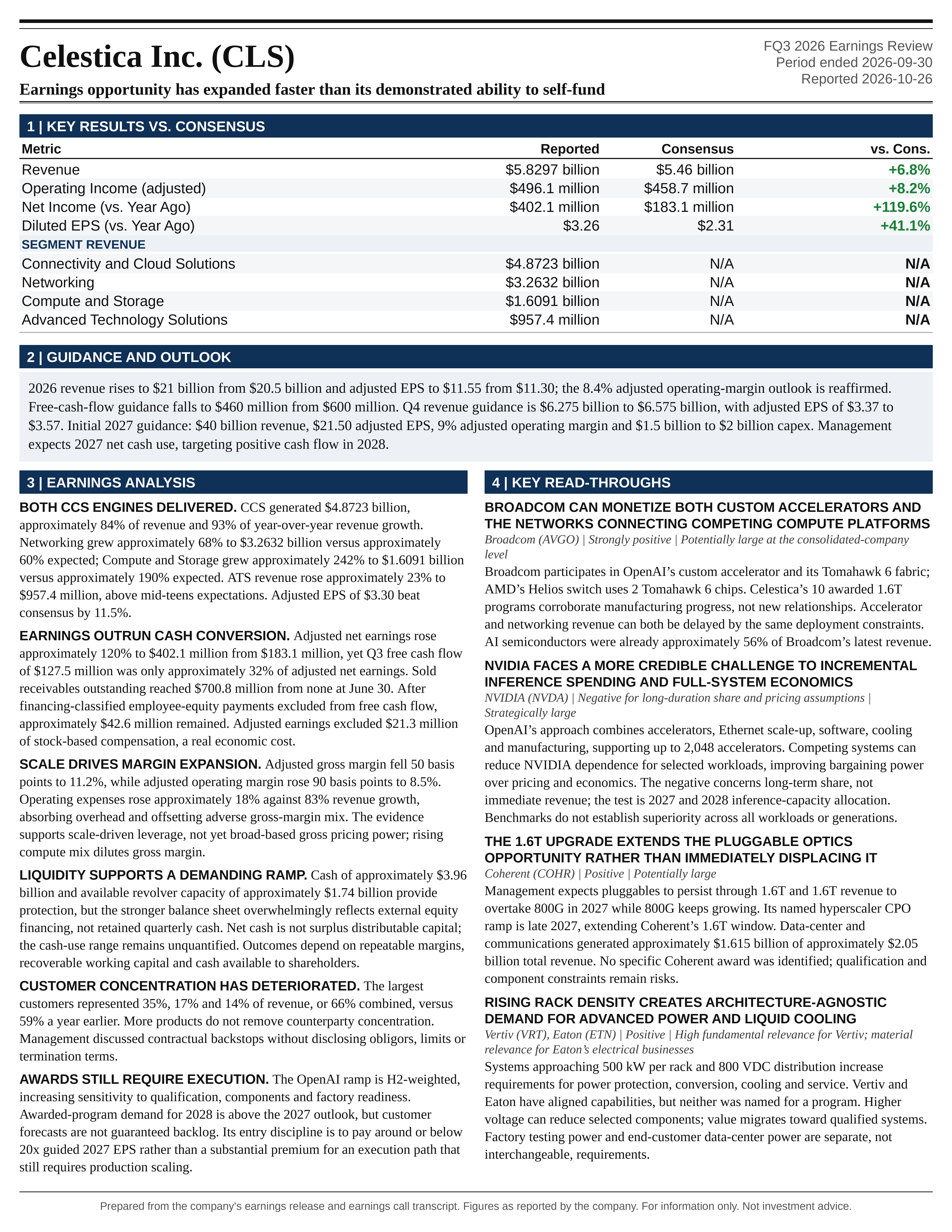 Celestica Inc. FQ3 2026 one-page earnings exhibit: Earnings opportunity has expanded faster than its demonstrated ability to self-fund