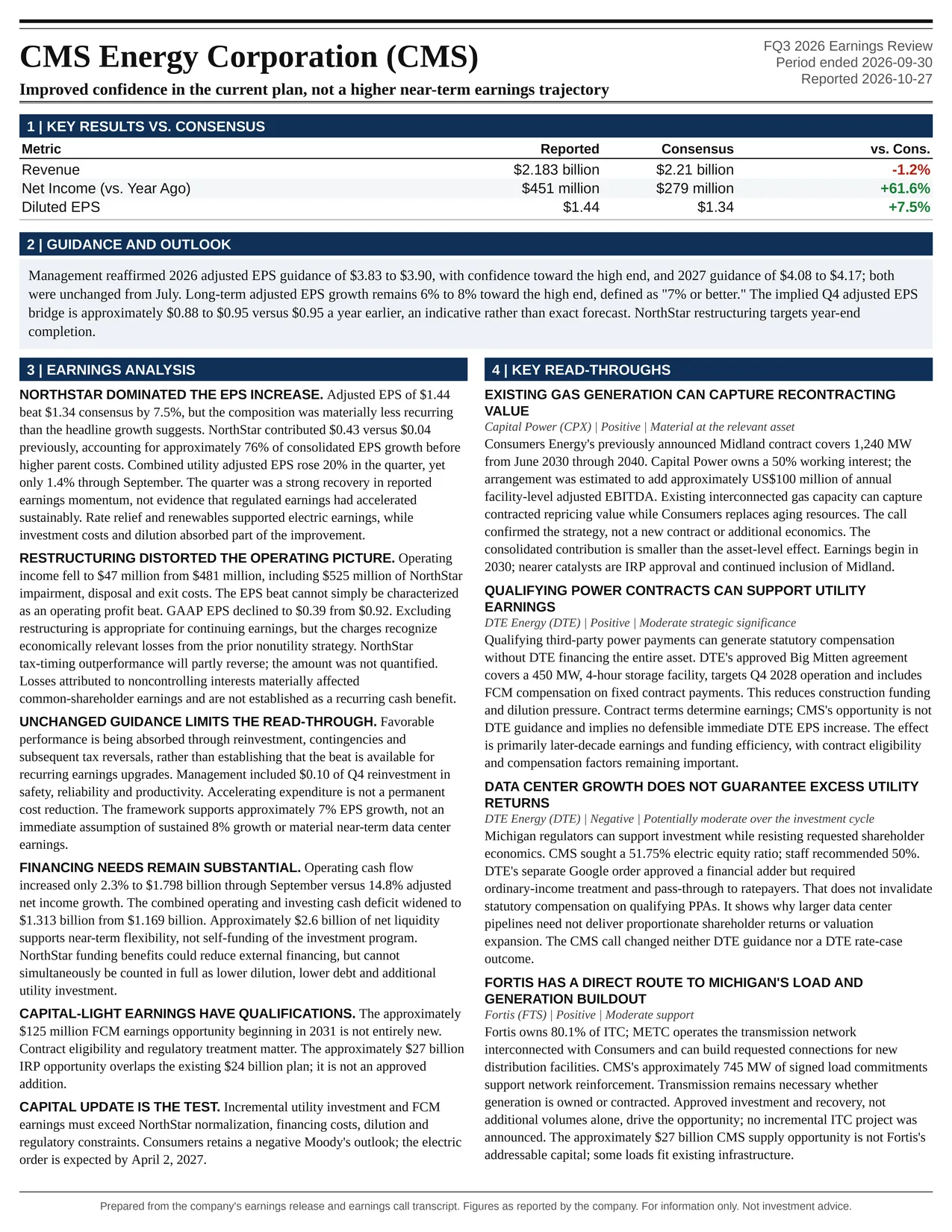 CMS Energy Corporation FQ3 2026 one-page earnings exhibit: Improved confidence in the current plan, not a higher near-term earnings trajectory