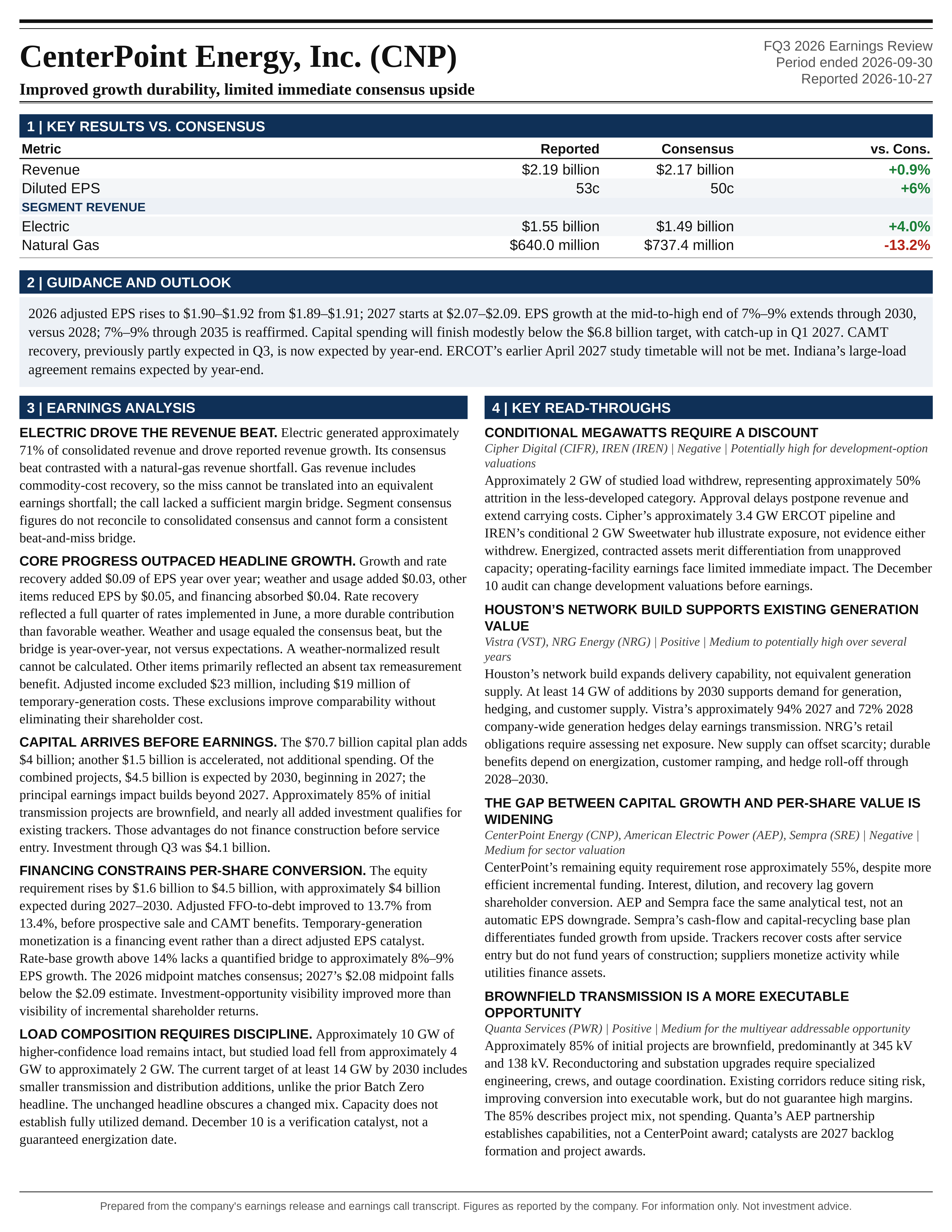 CenterPoint Energy, Inc. FQ3 2026 one-page earnings exhibit: Improved growth durability, limited immediate consensus upside