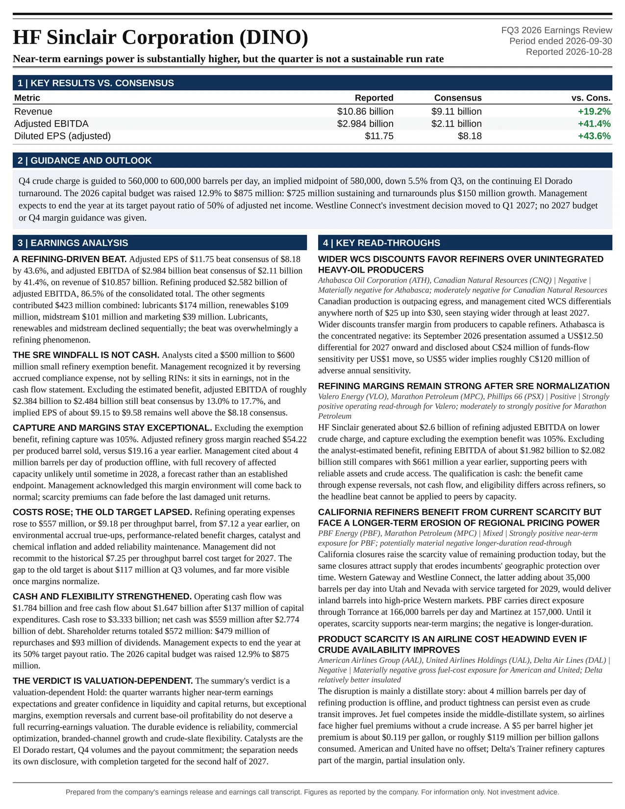 HF Sinclair Corporation FQ3 2026 one-page earnings exhibit: Near-term earnings power is substantially higher, but the quarter is not a sustainable run rate