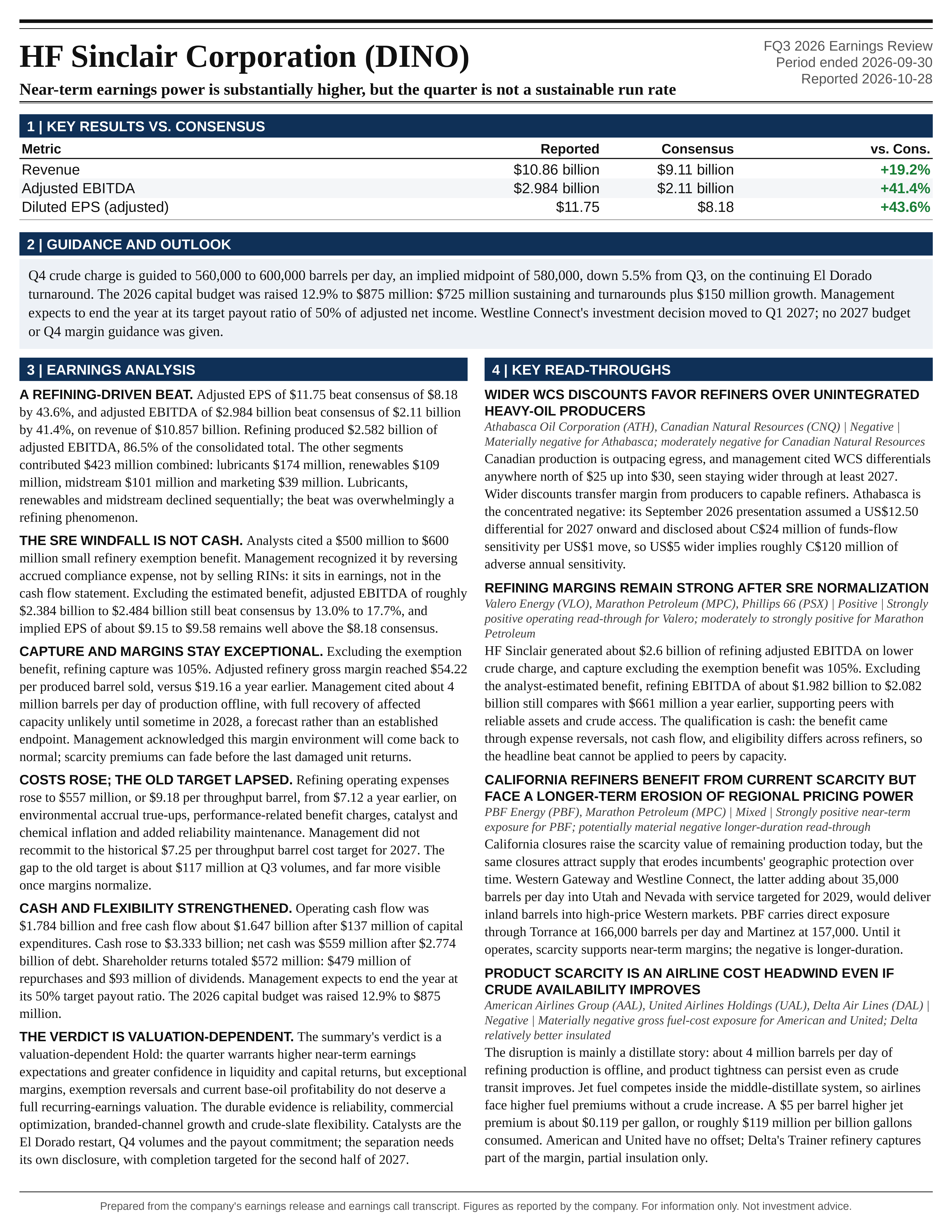 HF Sinclair Corporation FQ3 2026 one-page earnings exhibit: Near-term earnings power is substantially higher, but the quarter is not a sustainable run rate