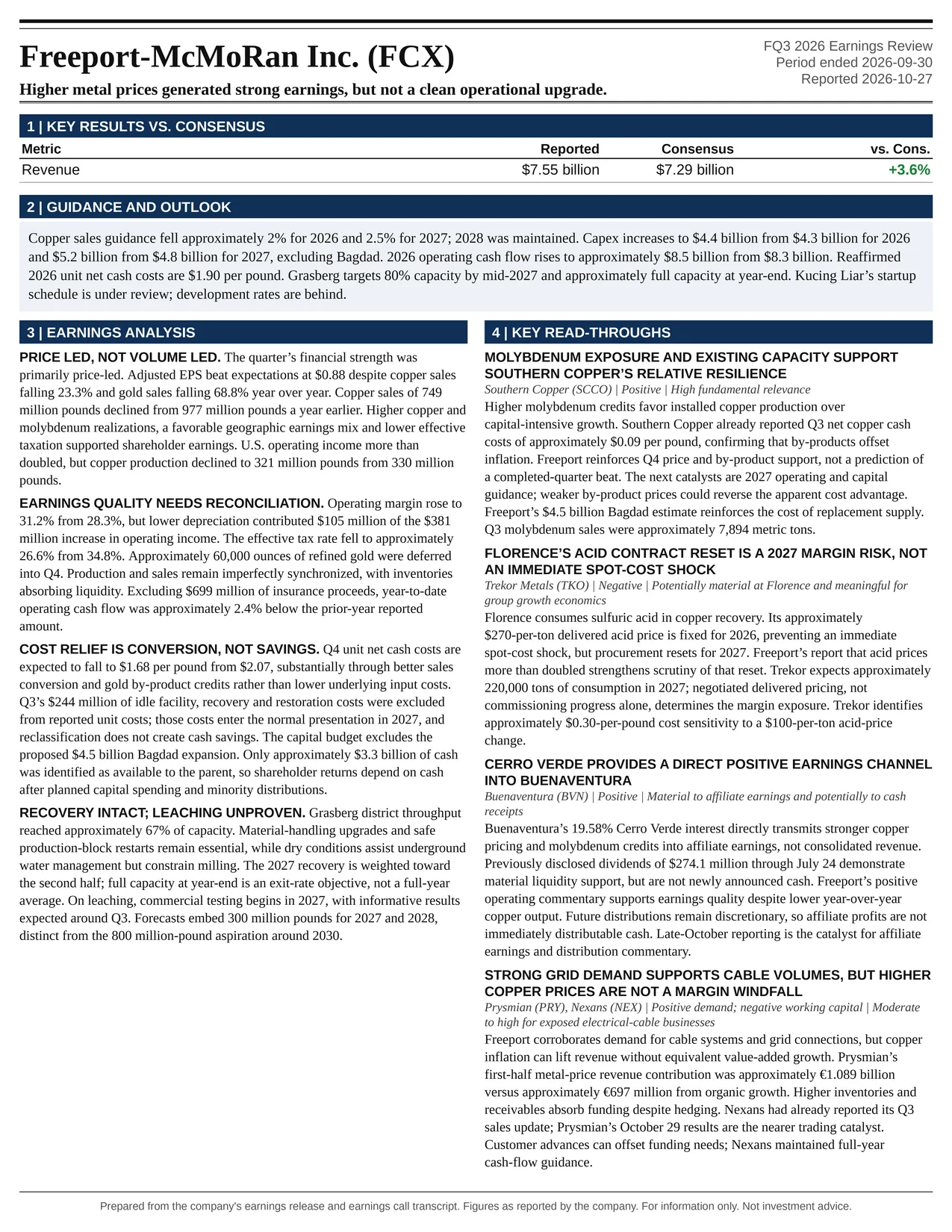 Freeport-McMoRan Inc. FQ3 2026 one-page earnings exhibit: Higher metal prices generated strong earnings, but not a clean operational upgrade.