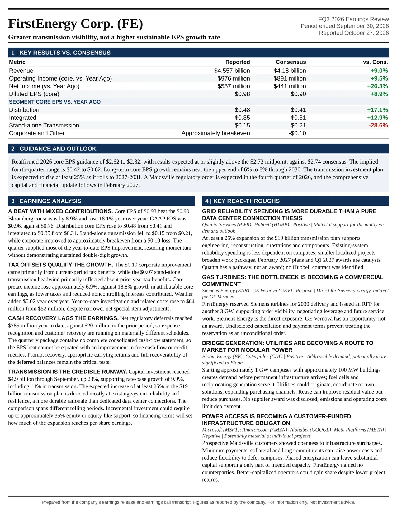 FirstEnergy Corp. FQ3 2026 one-page earnings exhibit: Greater transmission visibility, not a higher sustainable EPS growth rate