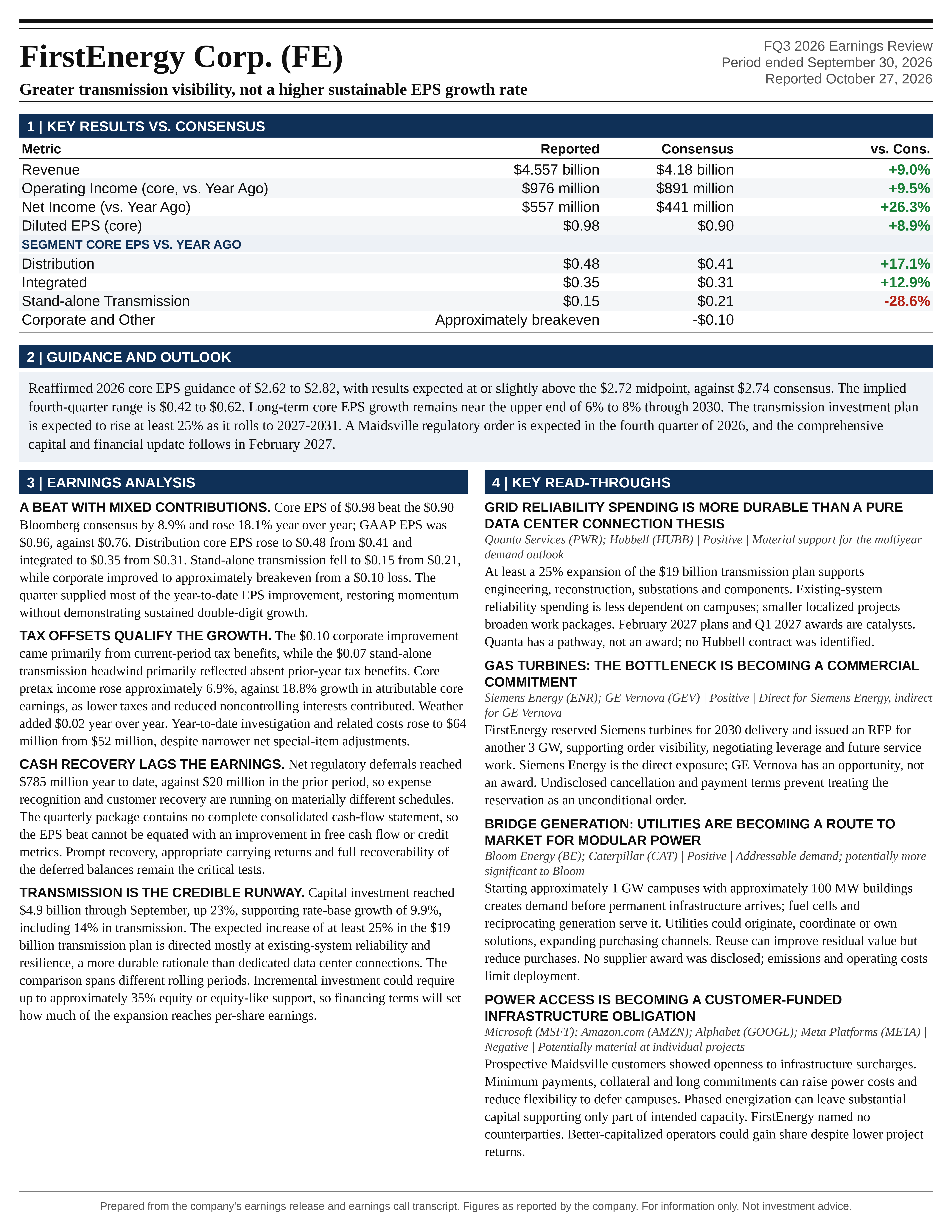 FirstEnergy Corp. FQ3 2026 one-page earnings exhibit: Greater transmission visibility, not a higher sustainable EPS growth rate