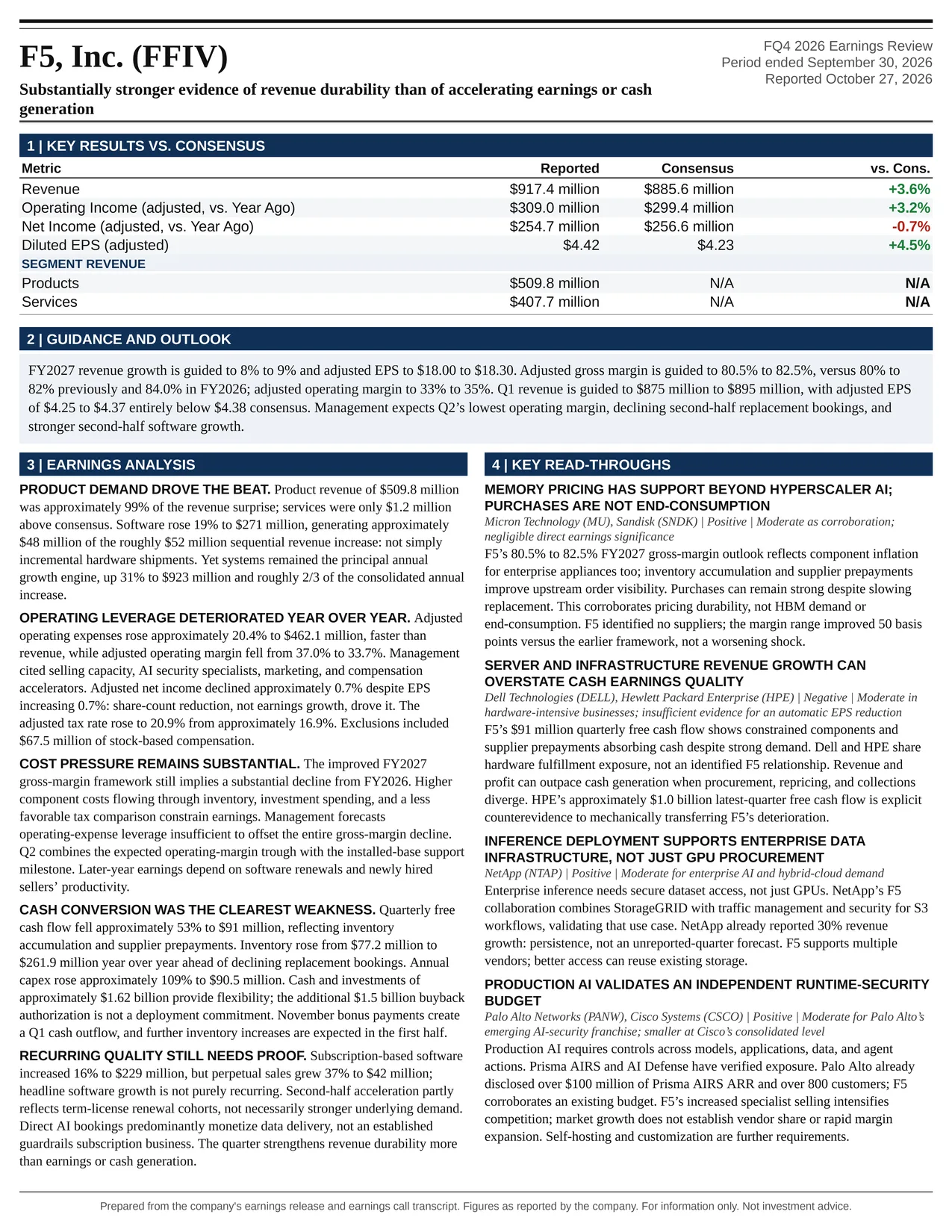 F5, Inc. FQ4 2026 one-page earnings exhibit: Substantially stronger evidence of revenue durability than of accelerating earnings or cash generation