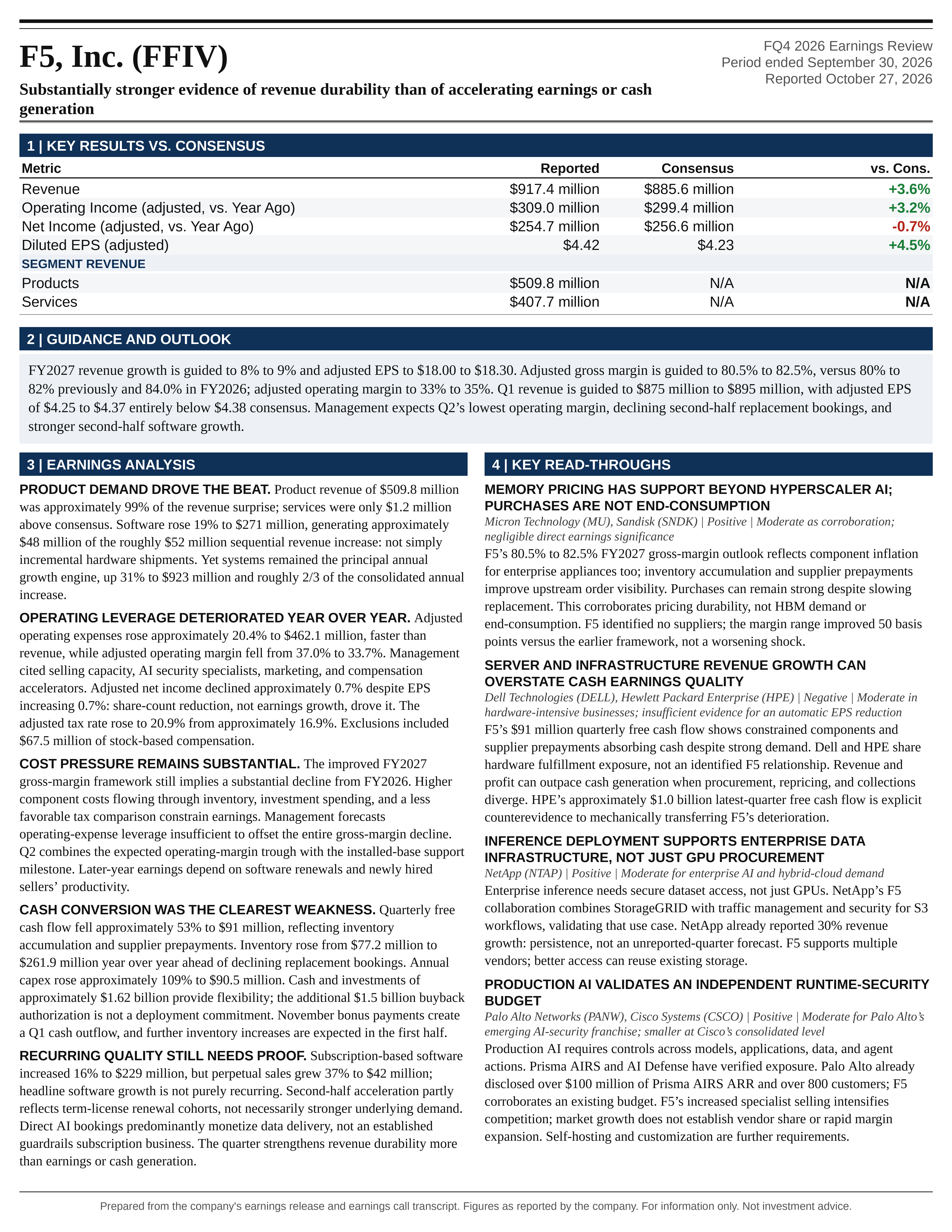 F5, Inc. FQ4 2026 one-page earnings exhibit: Substantially stronger evidence of revenue durability than of accelerating earnings or cash generation