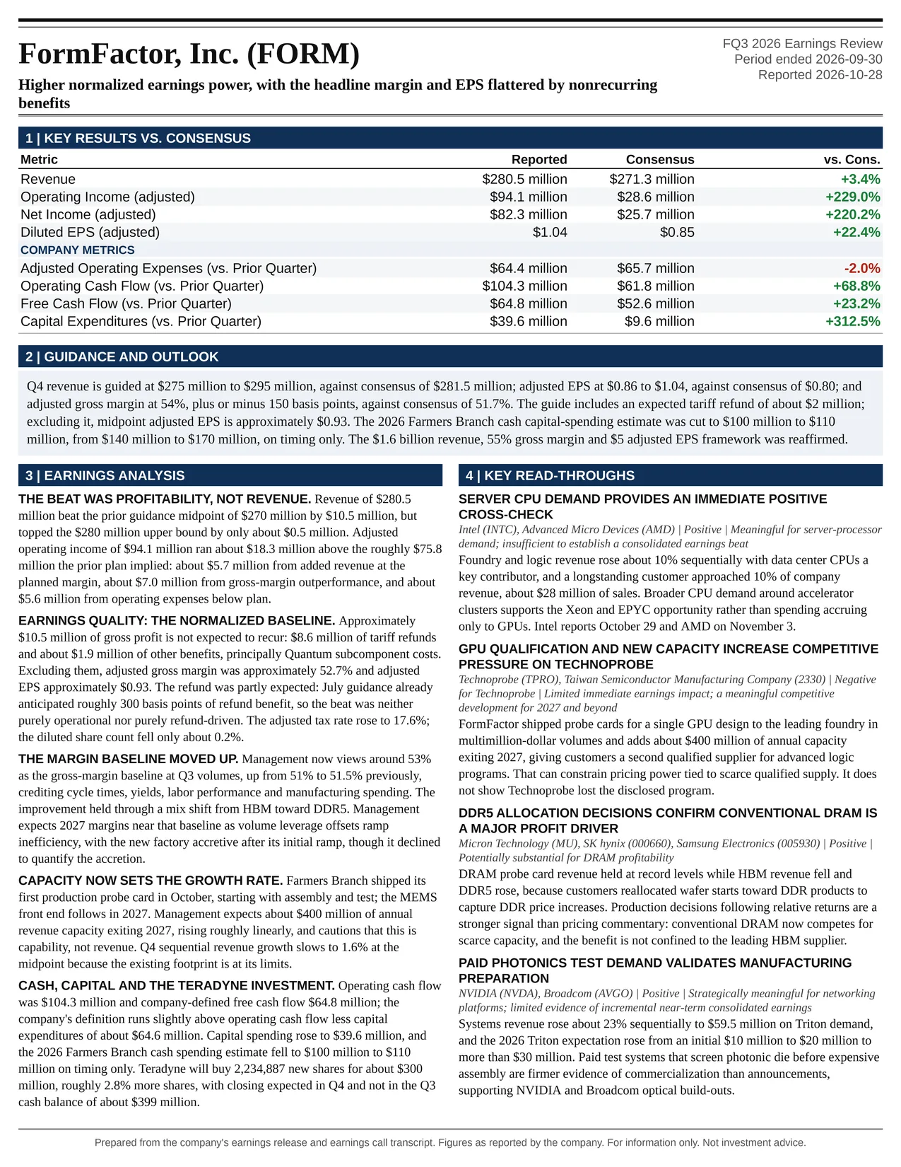 FormFactor, Inc. FQ3 2026 one-page earnings exhibit: Higher normalized earnings power, with the headline margin and EPS flattered by nonrecurring benefits