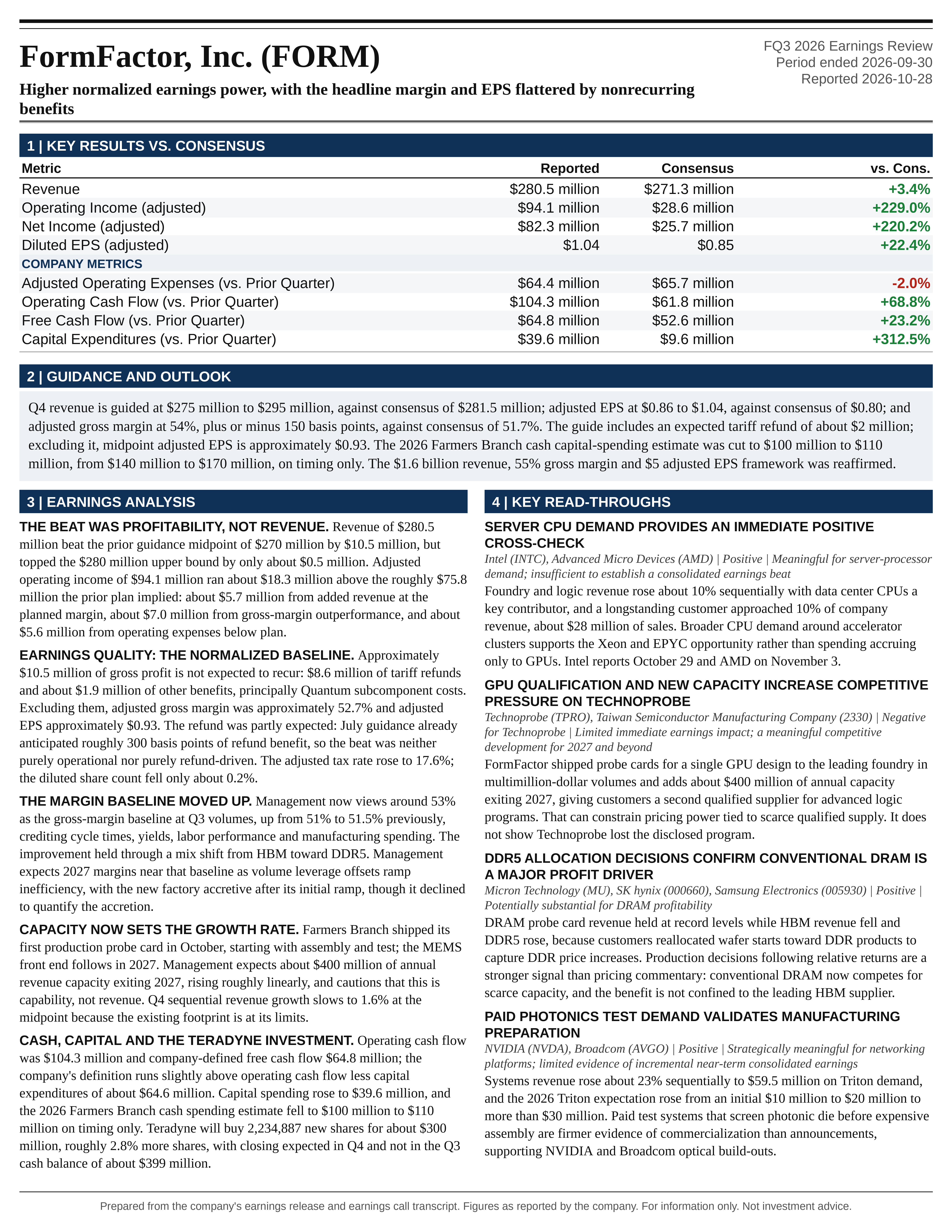 FormFactor, Inc. FQ3 2026 one-page earnings exhibit: Higher normalized earnings power, with the headline margin and EPS flattered by nonrecurring benefits