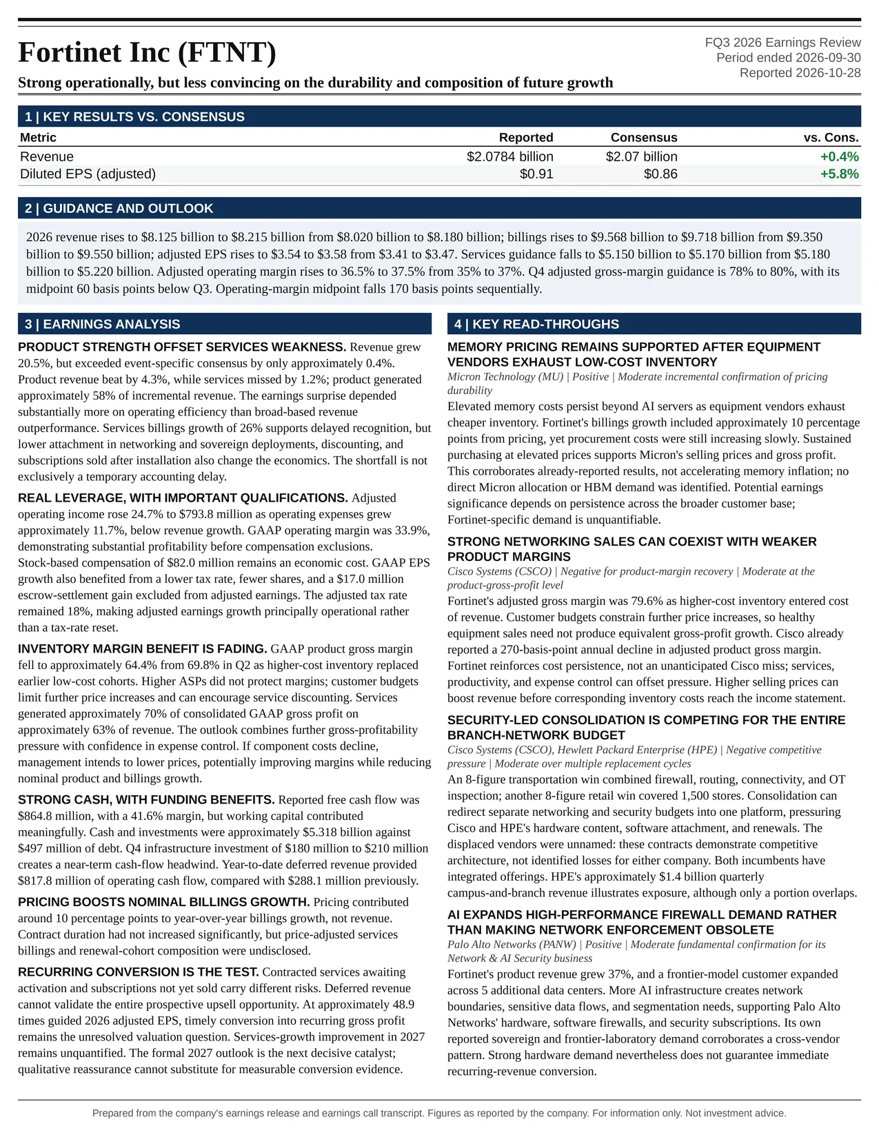 Fortinet Inc FQ3 2026 one-page earnings exhibit: Strong operationally, but less convincing on the durability and composition of future growth