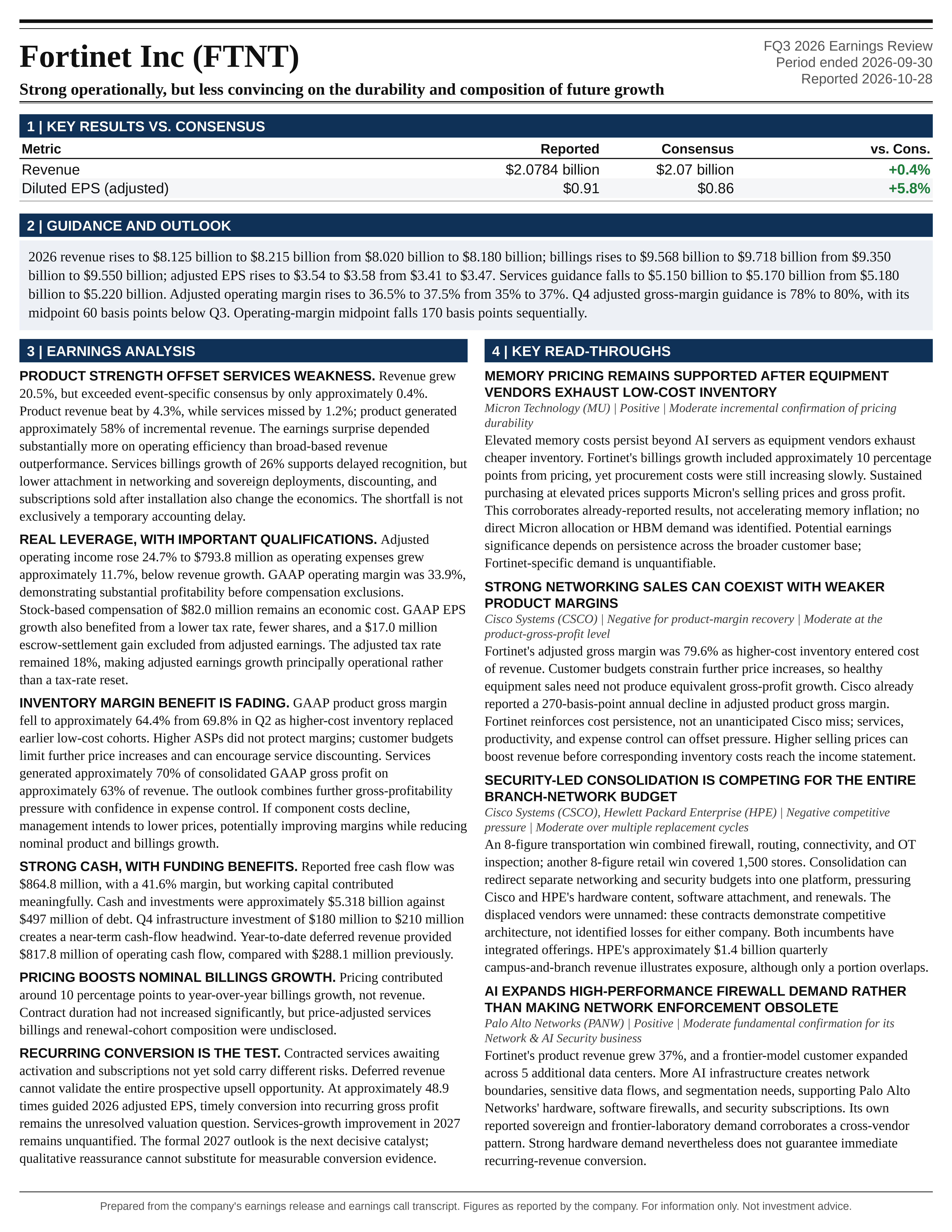 Fortinet Inc FQ3 2026 one-page earnings exhibit: Strong operationally, but less convincing on the durability and composition of future growth