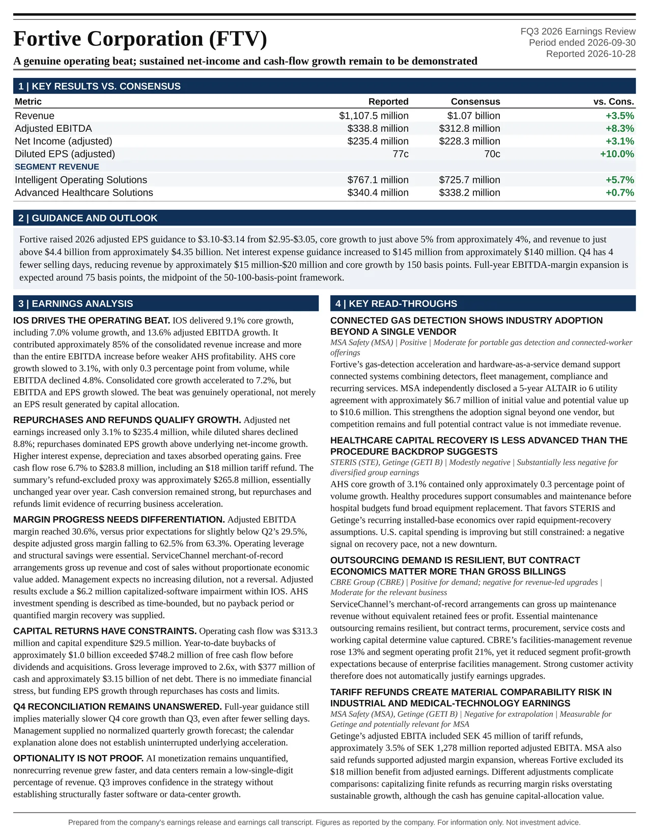 Fortive Corporation FQ3 2026 one-page earnings exhibit: A genuine operating beat; sustained net-income and cash-flow growth remain to be demonstrated