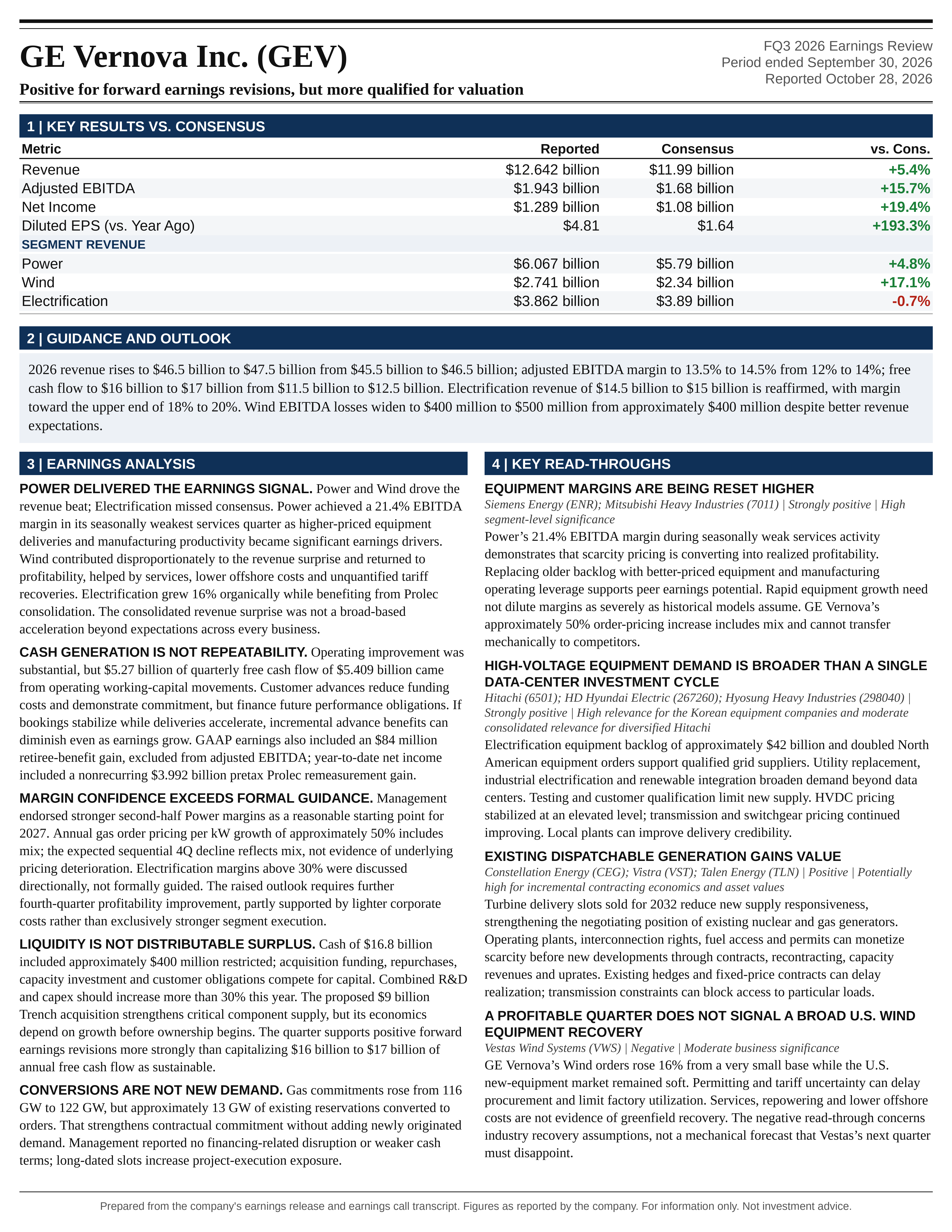 GE Vernova Inc. FQ3 2026 one-page earnings exhibit: Positive for forward earnings revisions, but more qualified for valuation
