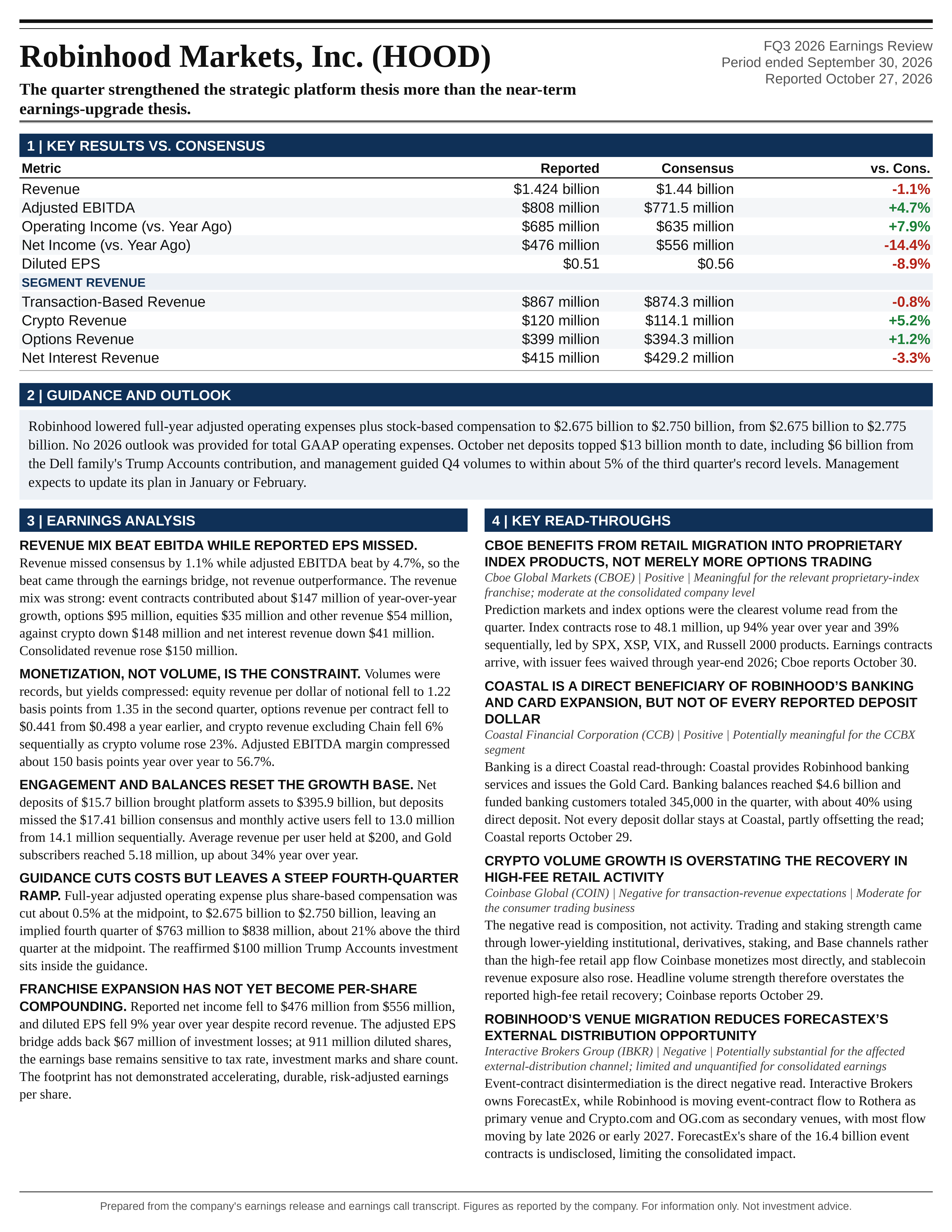 Robinhood Markets, Inc. FQ3 2026 one-page earnings exhibit: The quarter strengthened the strategic platform thesis more than the near-term earnings-upgrade thesis.