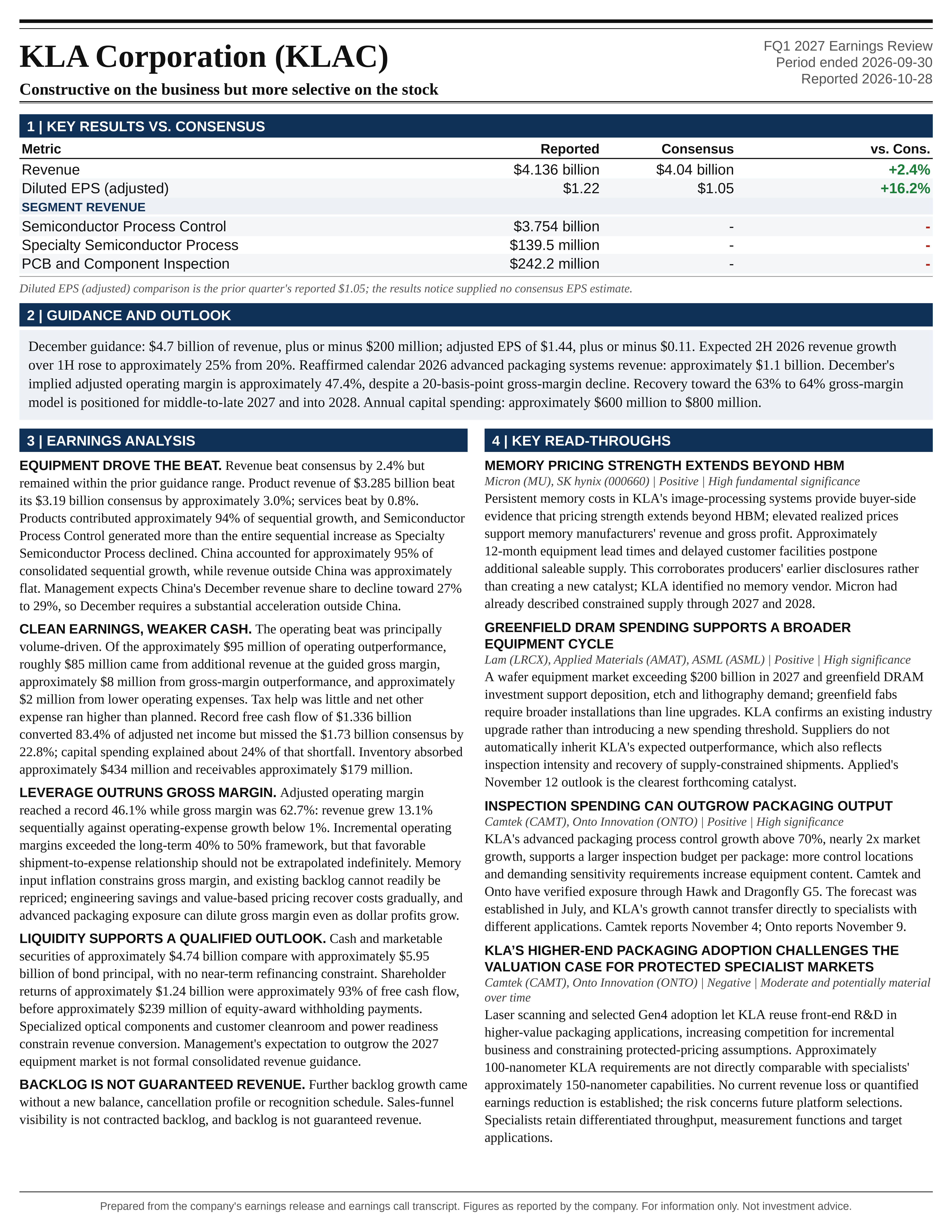 KLA Corporation FQ1 2027 one-page earnings exhibit: Constructive on the business but more selective on the stock