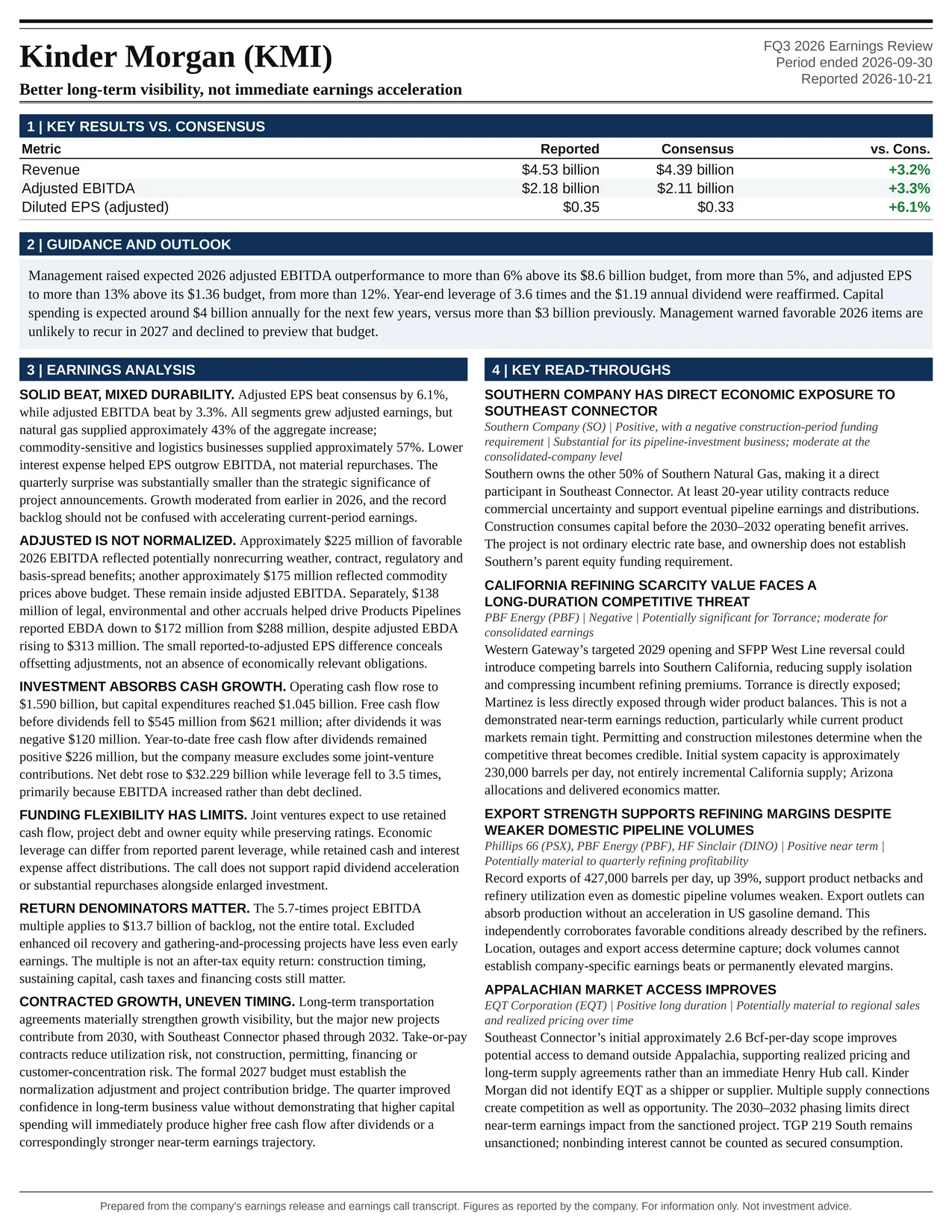 Kinder Morgan FQ3 2026 one-page earnings exhibit: Better long-term visibility, not immediate earnings acceleration
