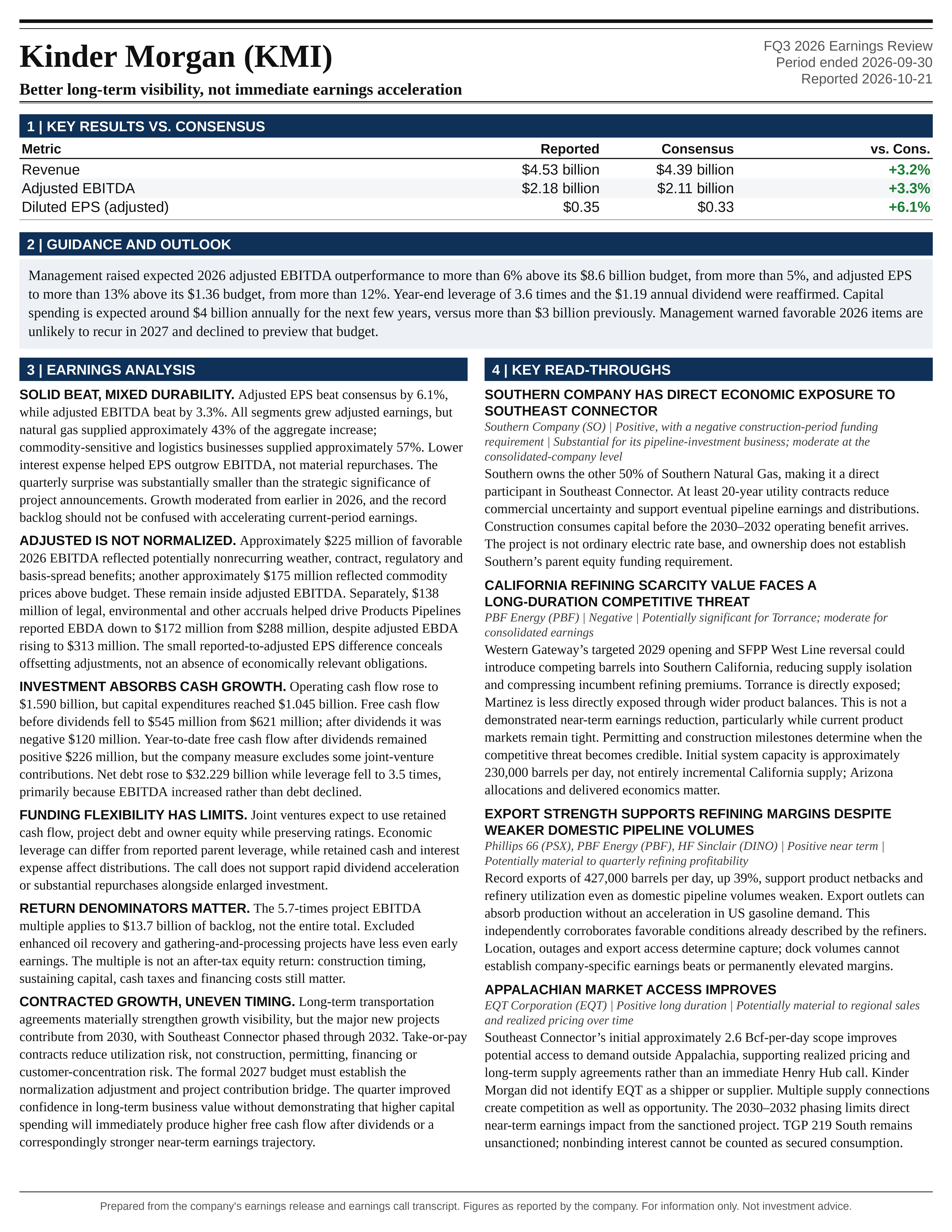 Kinder Morgan FQ3 2026 one-page earnings exhibit: Better long-term visibility, not immediate earnings acceleration