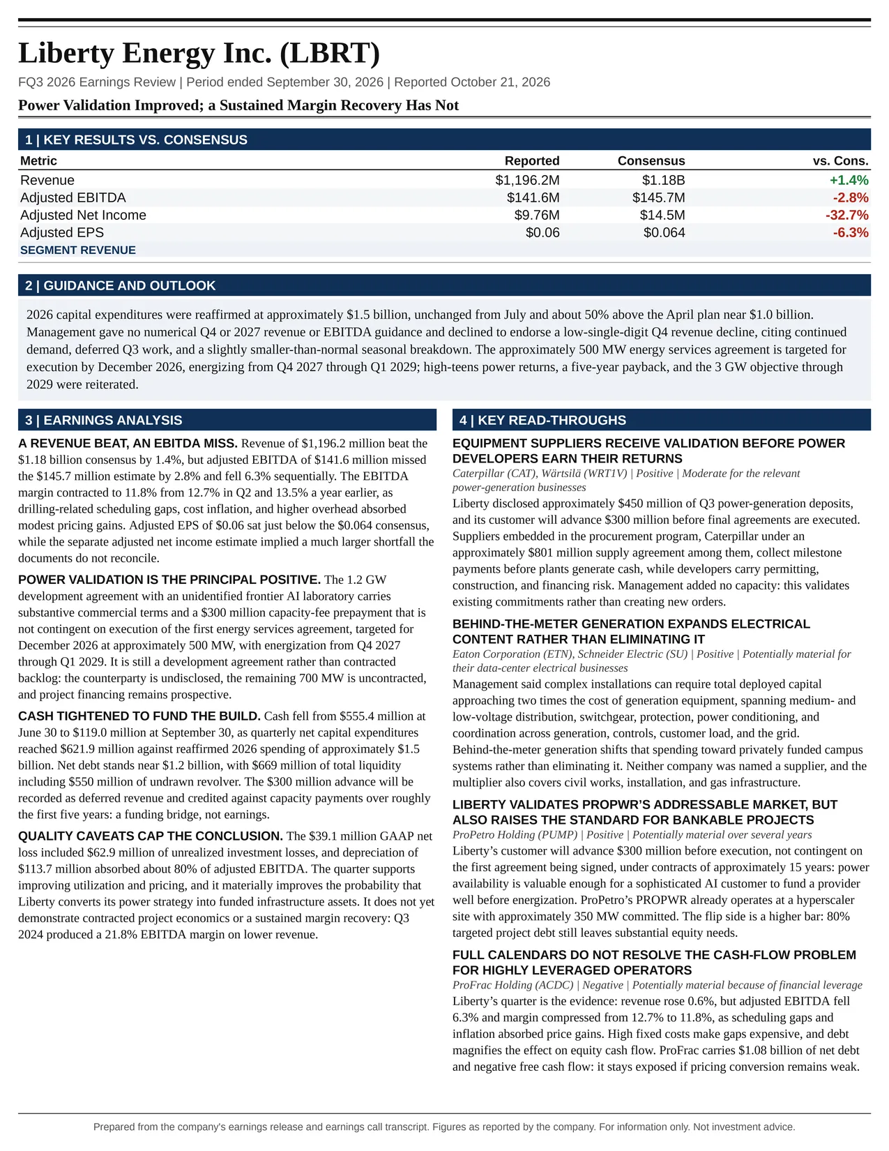 Liberty Energy FQ3 2026 one-page earnings exhibit: Power Validation Improved; a Sustained Margin Recovery Has Not
