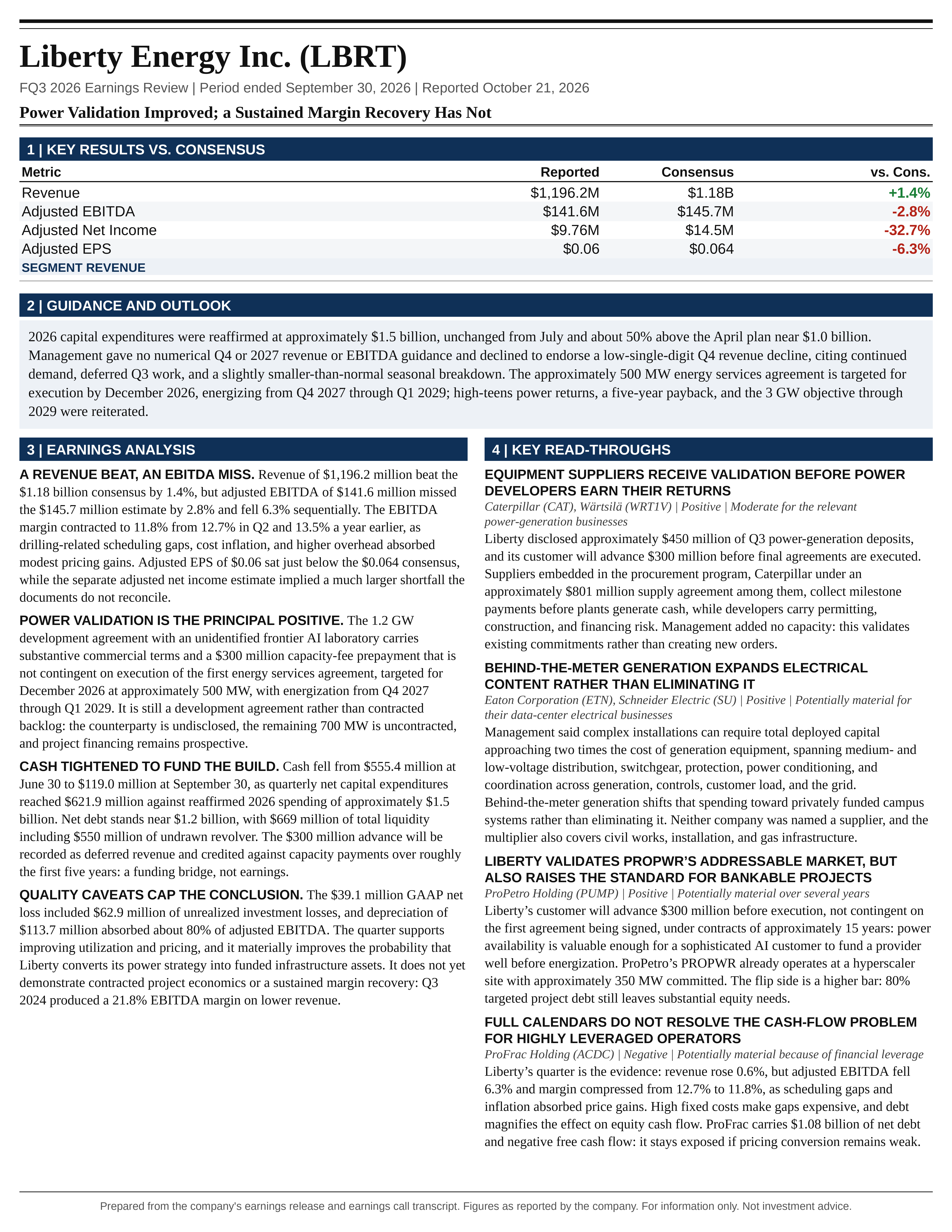 Liberty Energy FQ3 2026 one-page earnings exhibit: Power Validation Improved; a Sustained Margin Recovery Has Not