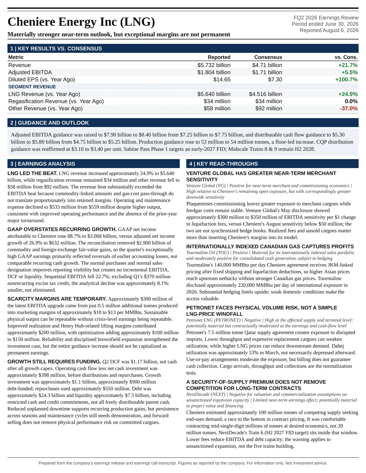 Cheniere Energy Inc FQ2 2026 one-page earnings exhibit: Materially stronger near-term outlook, but exceptional margins are not permanent