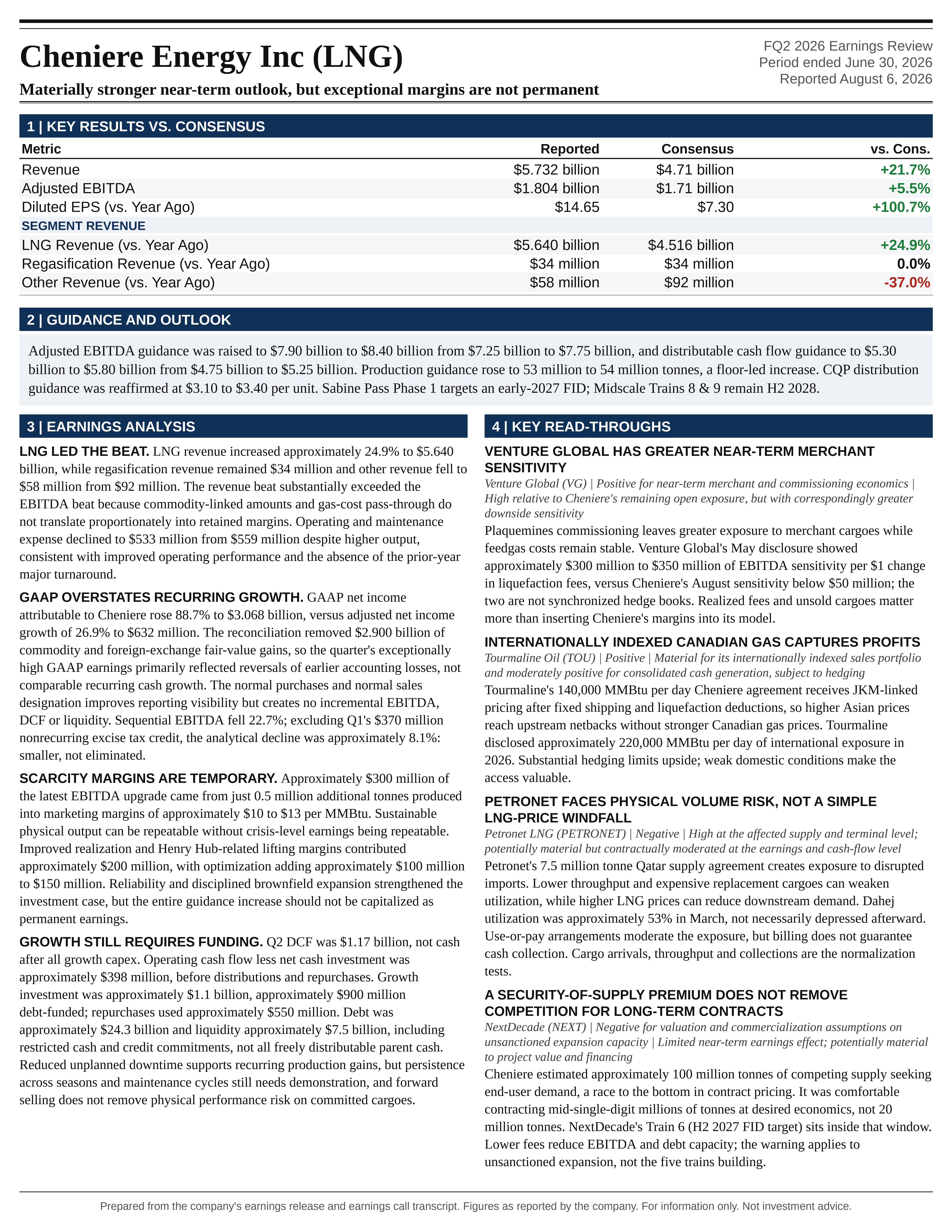 Cheniere Energy Inc FQ2 2026 one-page earnings exhibit: Materially stronger near-term outlook, but exceptional margins are not permanent