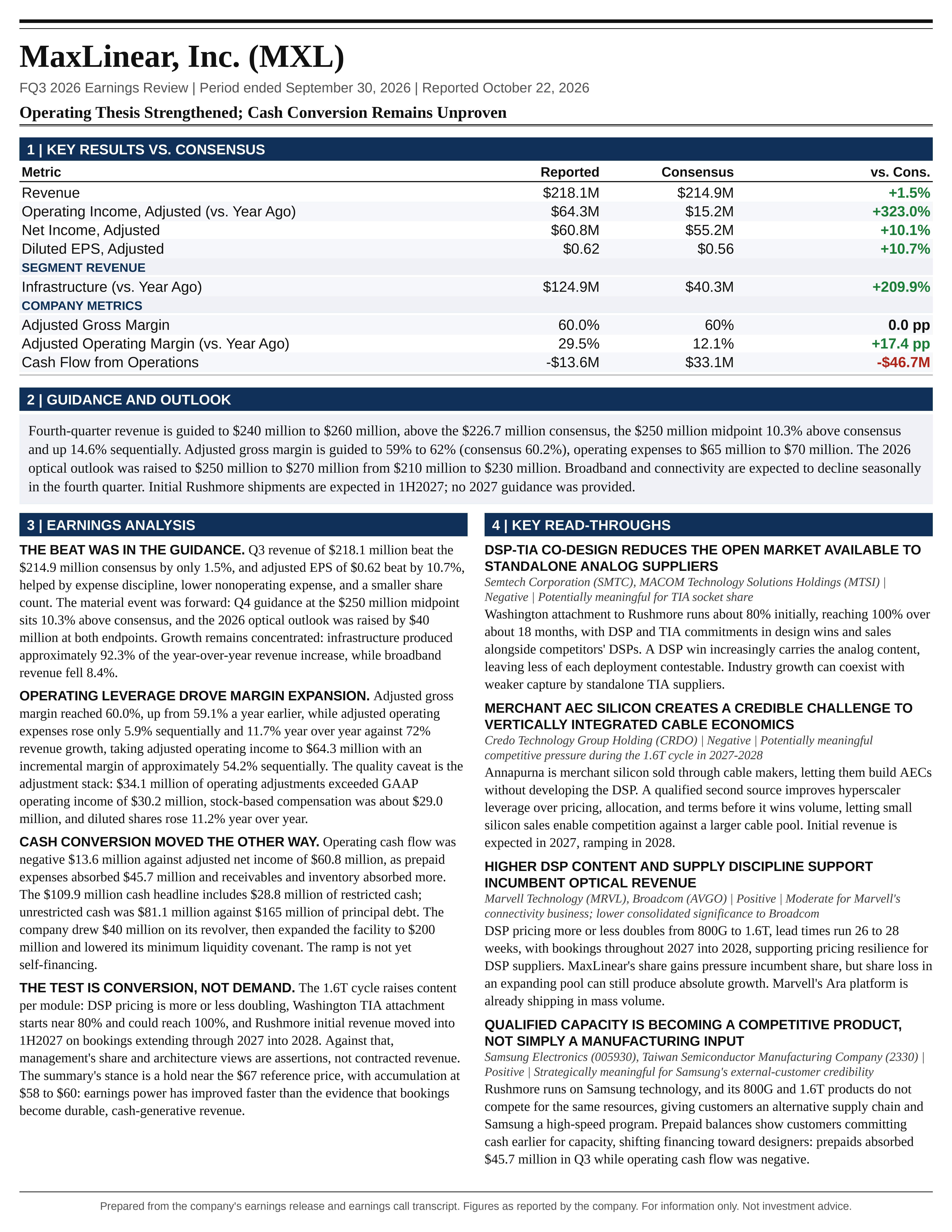MaxLinear, Inc. FQ3 2026 one-page earnings exhibit: Operating Thesis Strengthened; Cash Conversion Remains Unproven