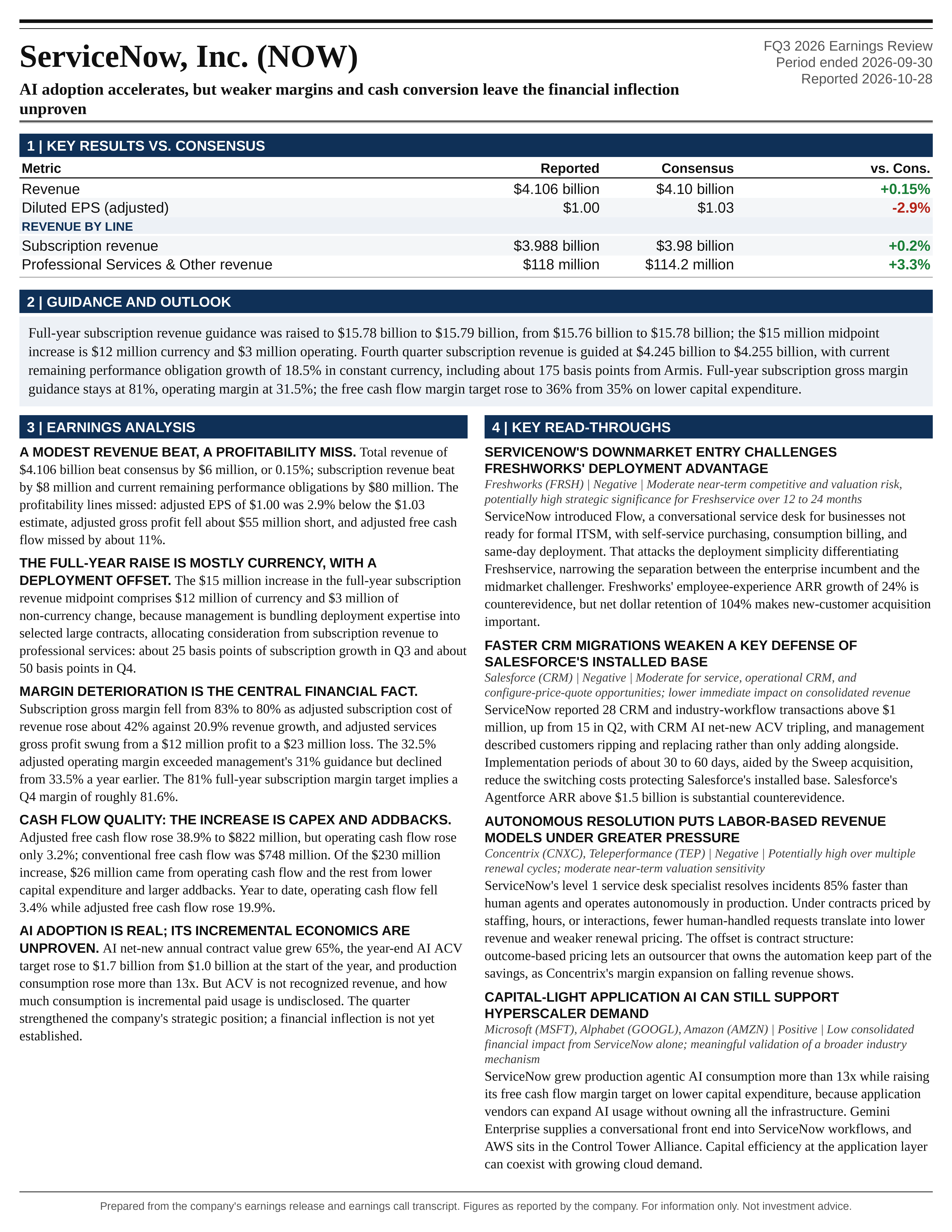 ServiceNow, Inc. FQ3 2026 one-page earnings exhibit: AI adoption accelerates, but weaker margins and cash conversion leave the financial inflection unproven