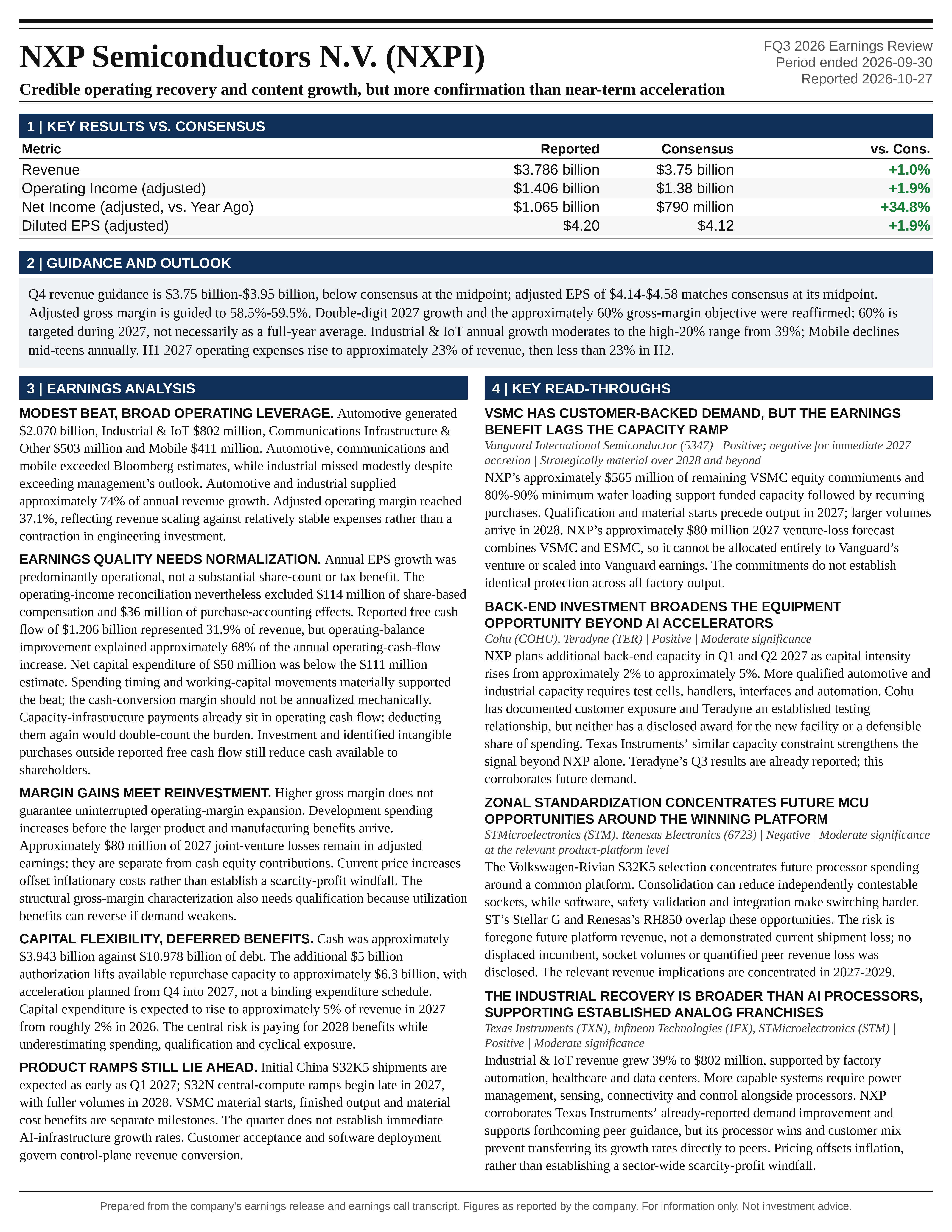 NXP Semiconductors N.V. FQ3 2026 one-page earnings exhibit: Credible operating recovery and content growth, but more confirmation than near-term acceleration