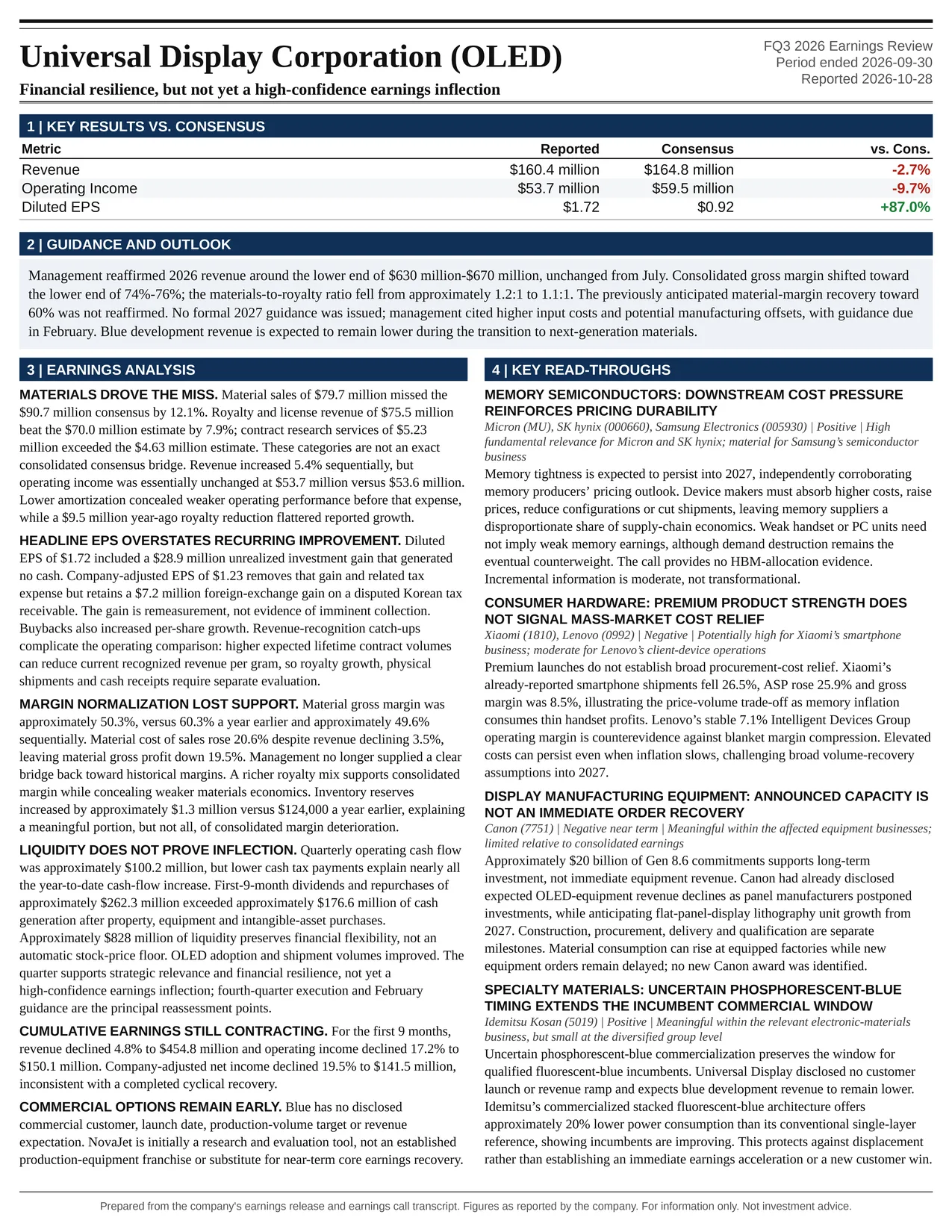 Universal Display Corporation FQ3 2026 one-page earnings exhibit: Financial resilience, but not yet a high-confidence earnings inflection
