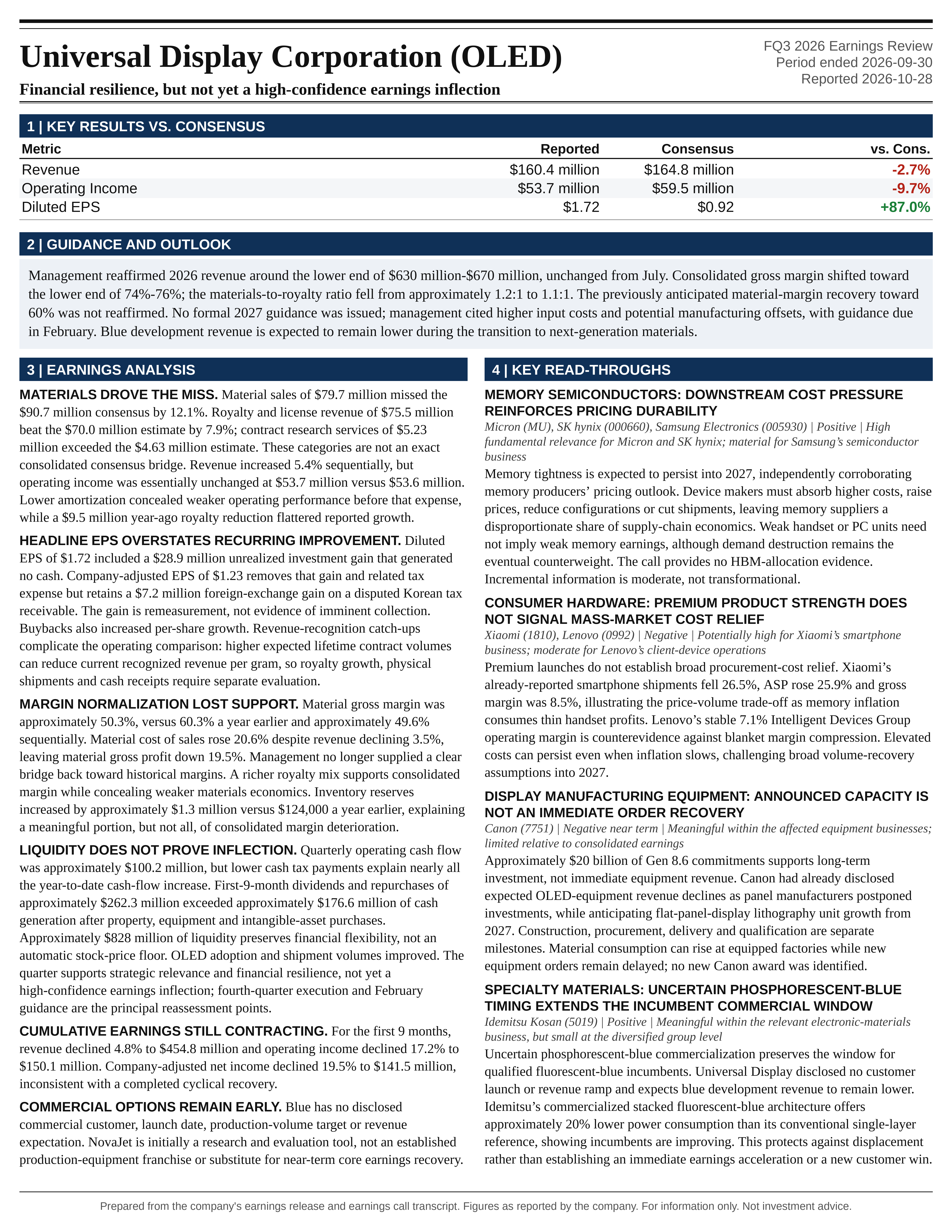 Universal Display Corporation FQ3 2026 one-page earnings exhibit: Financial resilience, but not yet a high-confidence earnings inflection