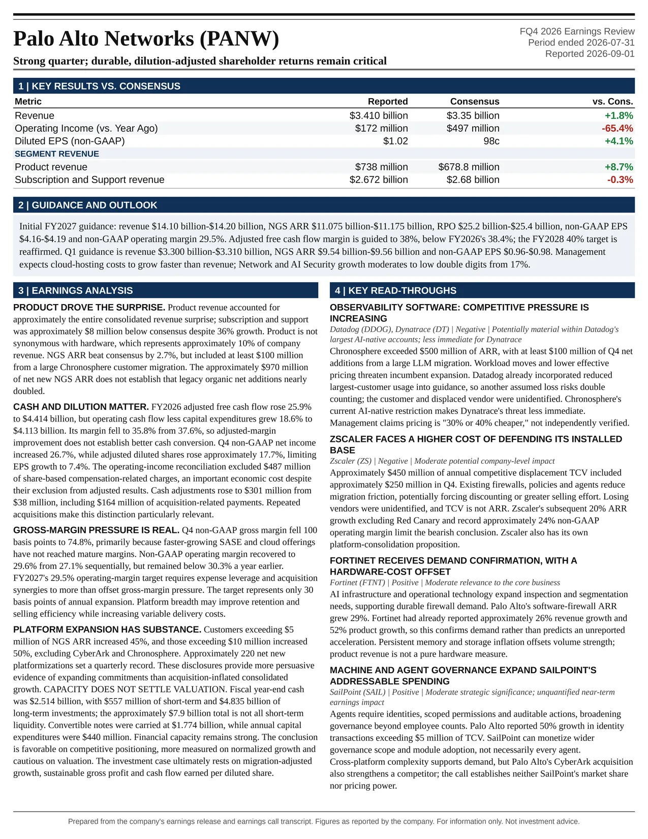 Palo Alto Networks FQ4 2026 one-page earnings exhibit: Strong quarter; durable, dilution-adjusted shareholder returns remain critical