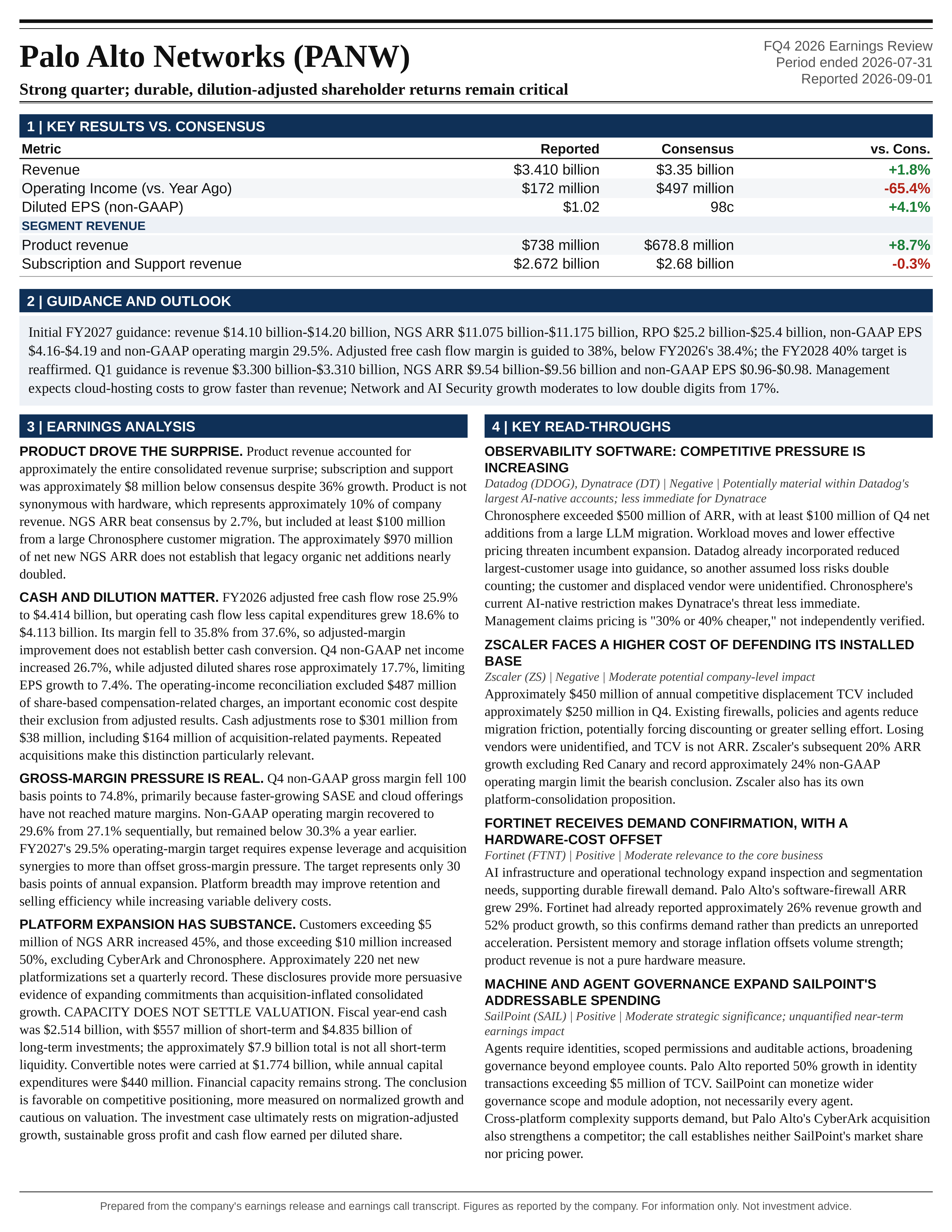 Palo Alto Networks FQ4 2026 one-page earnings exhibit: Strong quarter; durable, dilution-adjusted shareholder returns remain critical