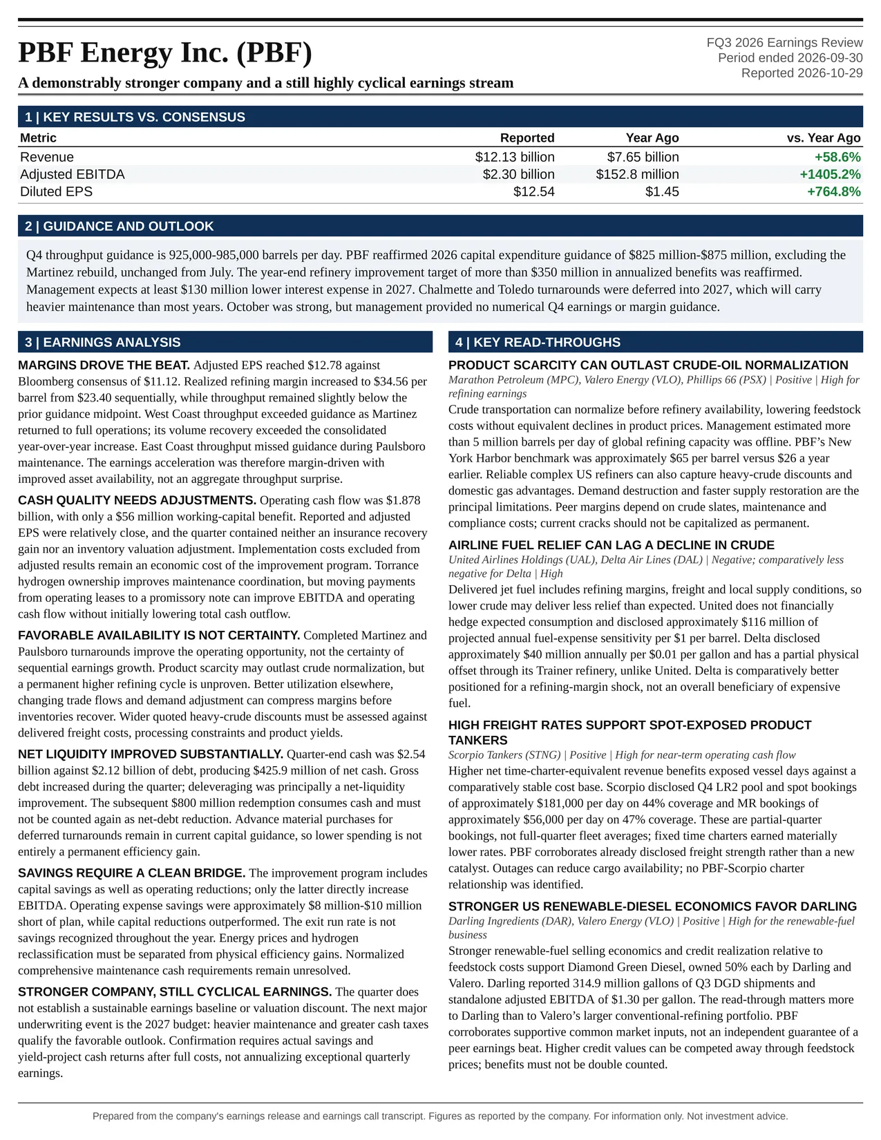 PBF Energy Inc. FQ3 2026 one-page earnings exhibit: A demonstrably stronger company and a still highly cyclical earnings stream