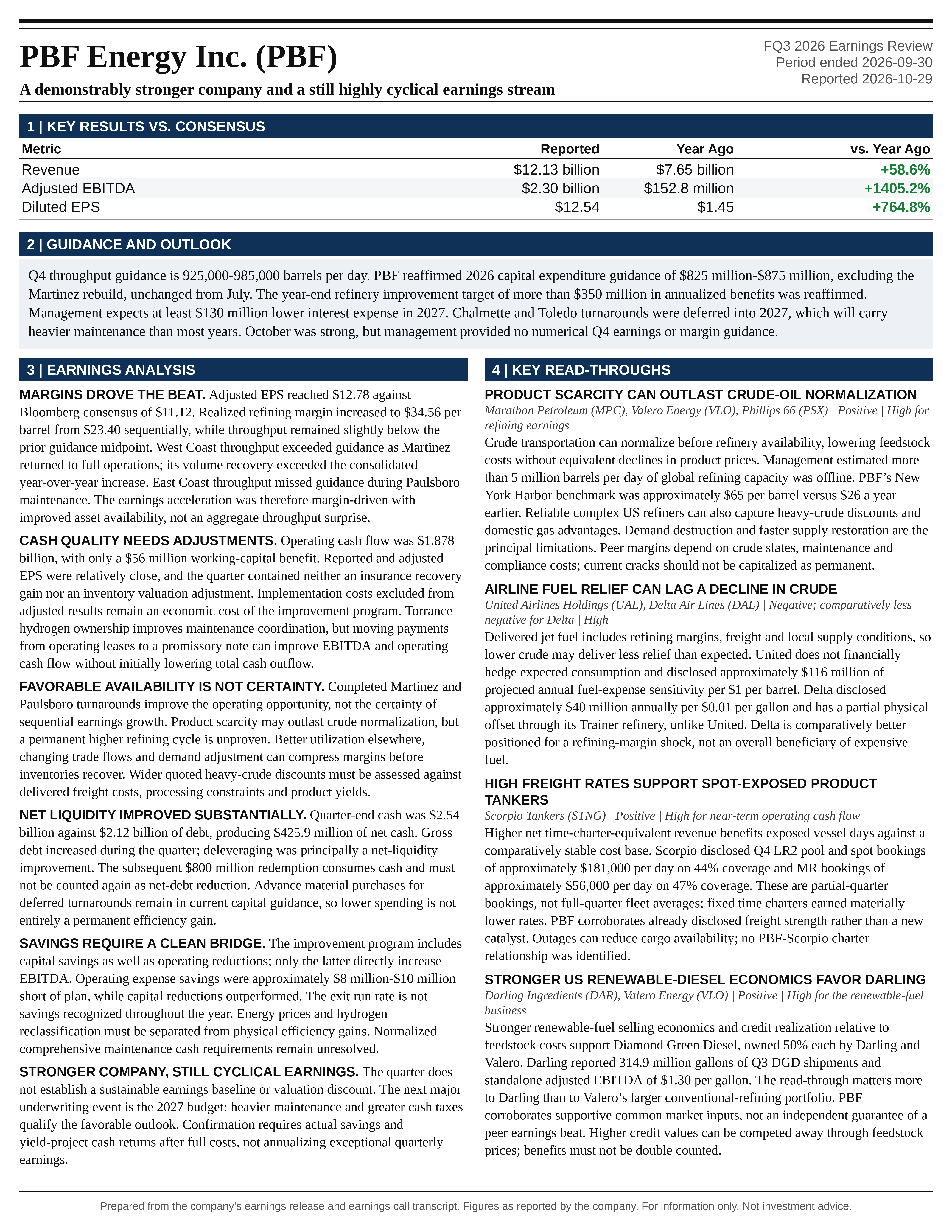 PBF Energy Inc. FQ3 2026 one-page earnings exhibit: A demonstrably stronger company and a still highly cyclical earnings stream