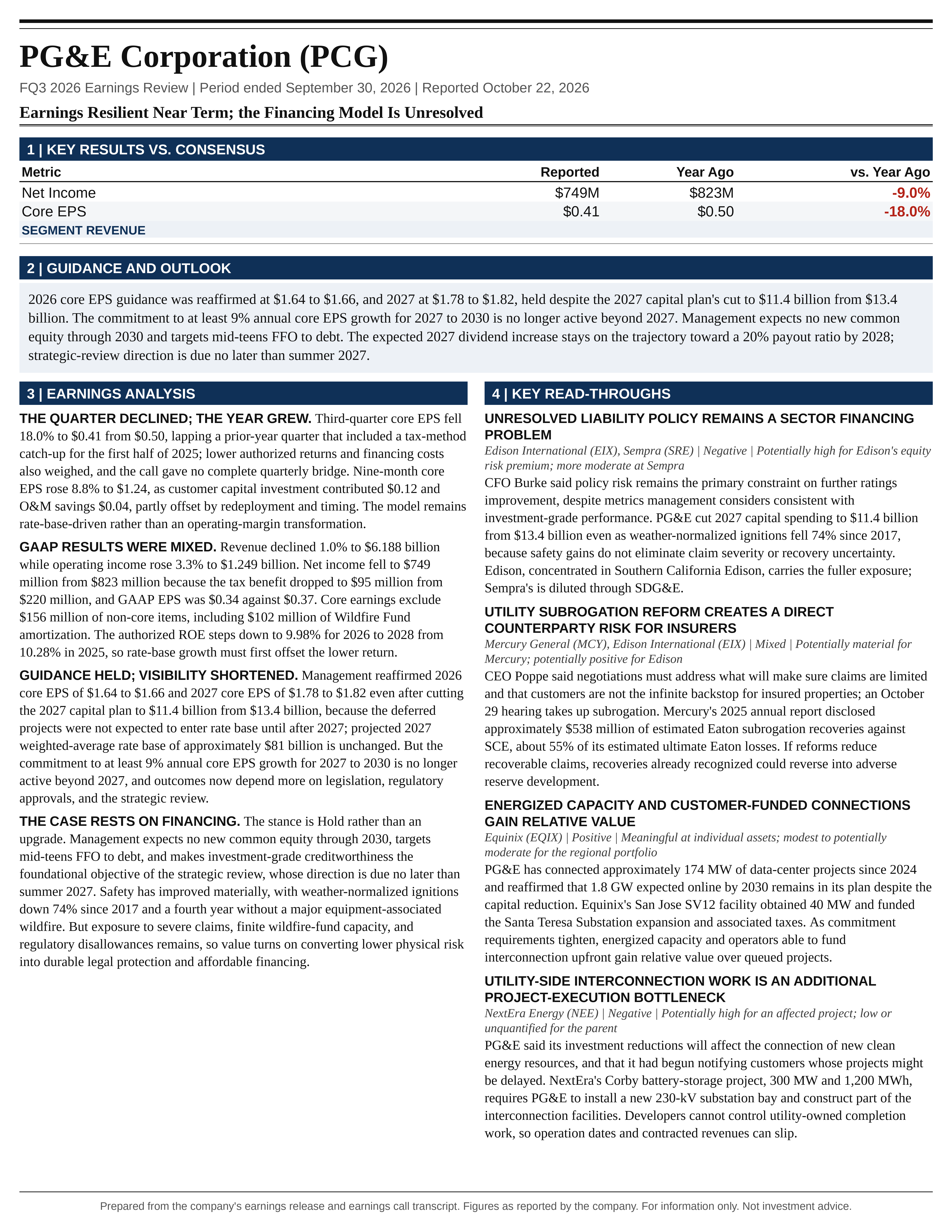 PG&E Corporation FQ3 2026 one-page earnings exhibit: Earnings Resilient Near Term; the Financing Model Is Unresolved