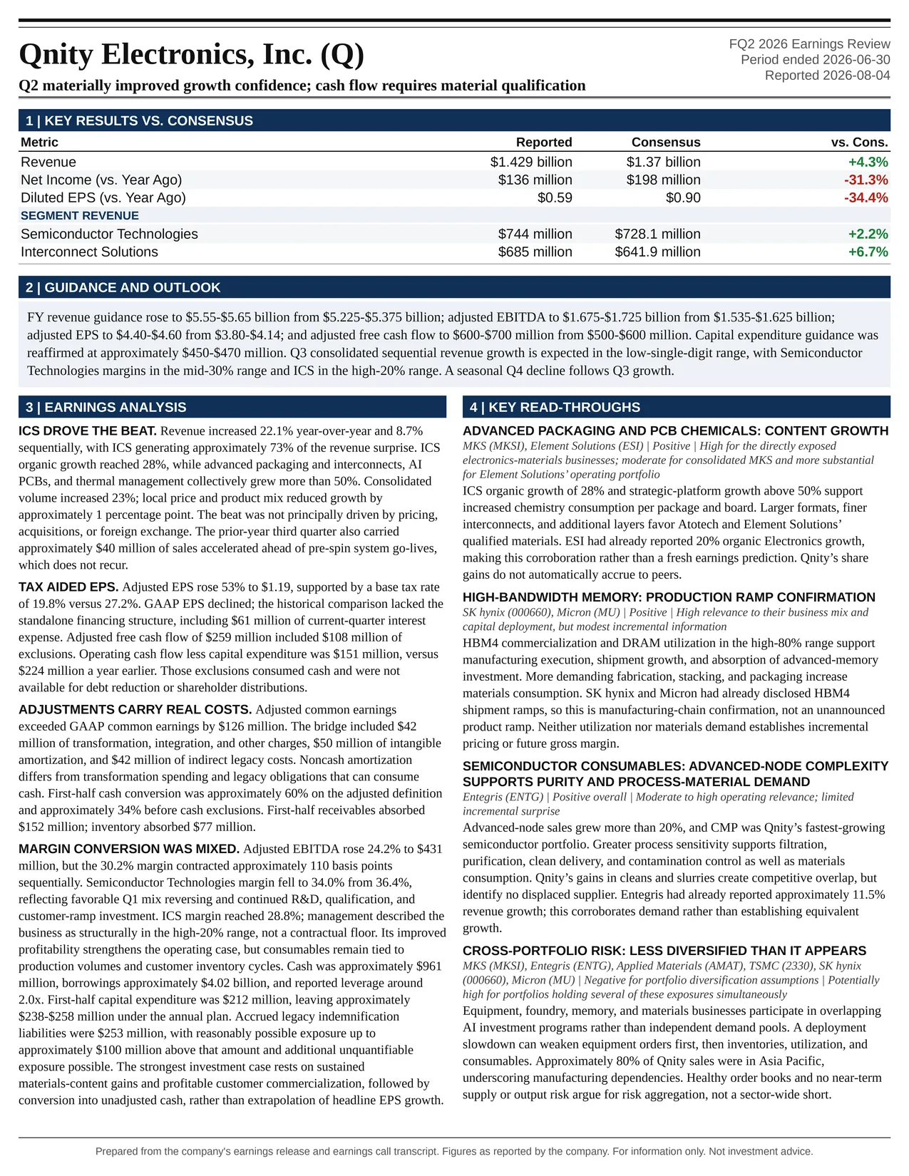 Qnity Electronics, Inc. FQ2 2026 one-page earnings exhibit: Q2 materially improved growth confidence; cash flow requires material qualification