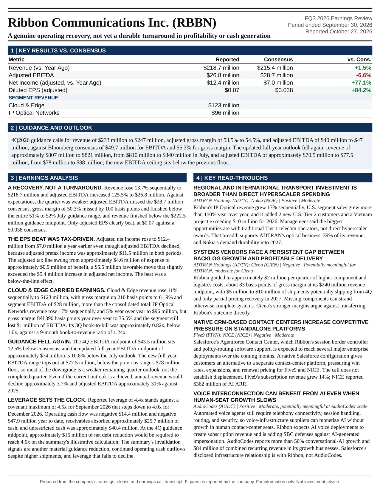 Ribbon Communications Inc. FQ3 2026 one-page earnings exhibit: A genuine operating recovery, not yet a durable turnaround in profitability or cash generation