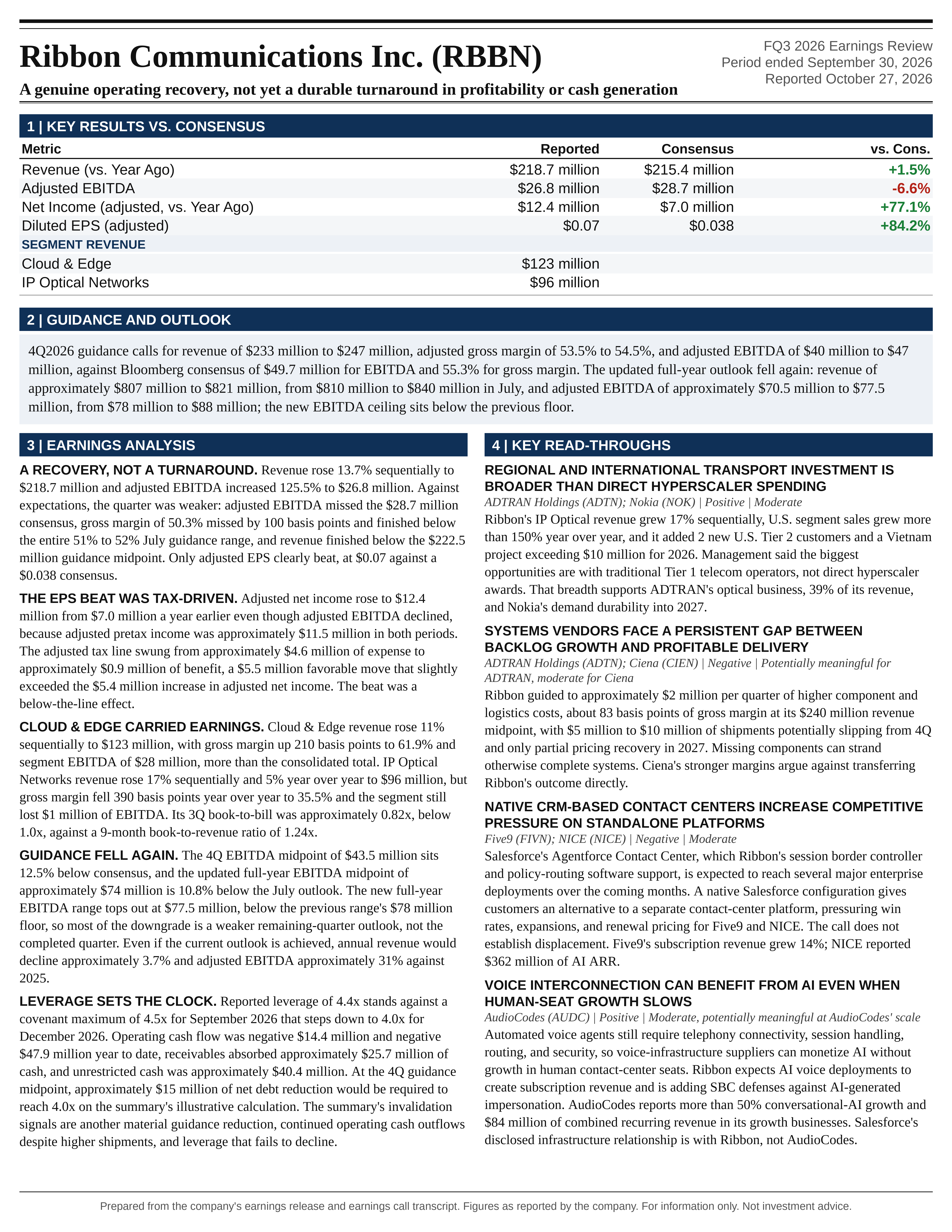 Ribbon Communications Inc. FQ3 2026 one-page earnings exhibit: A genuine operating recovery, not yet a durable turnaround in profitability or cash generation