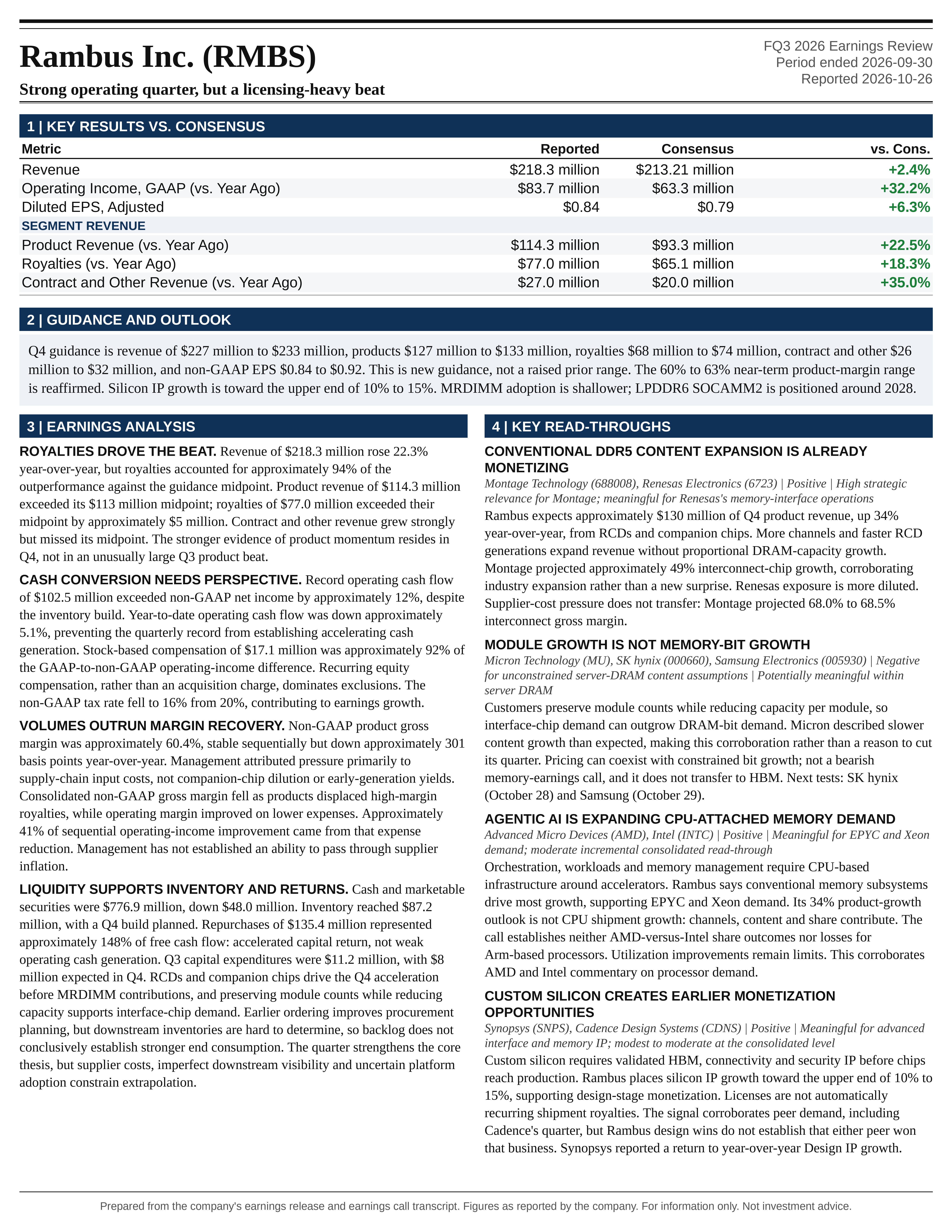 Rambus Inc. FQ3 2026 one-page earnings exhibit: Strong operating quarter, but a licensing-heavy beat