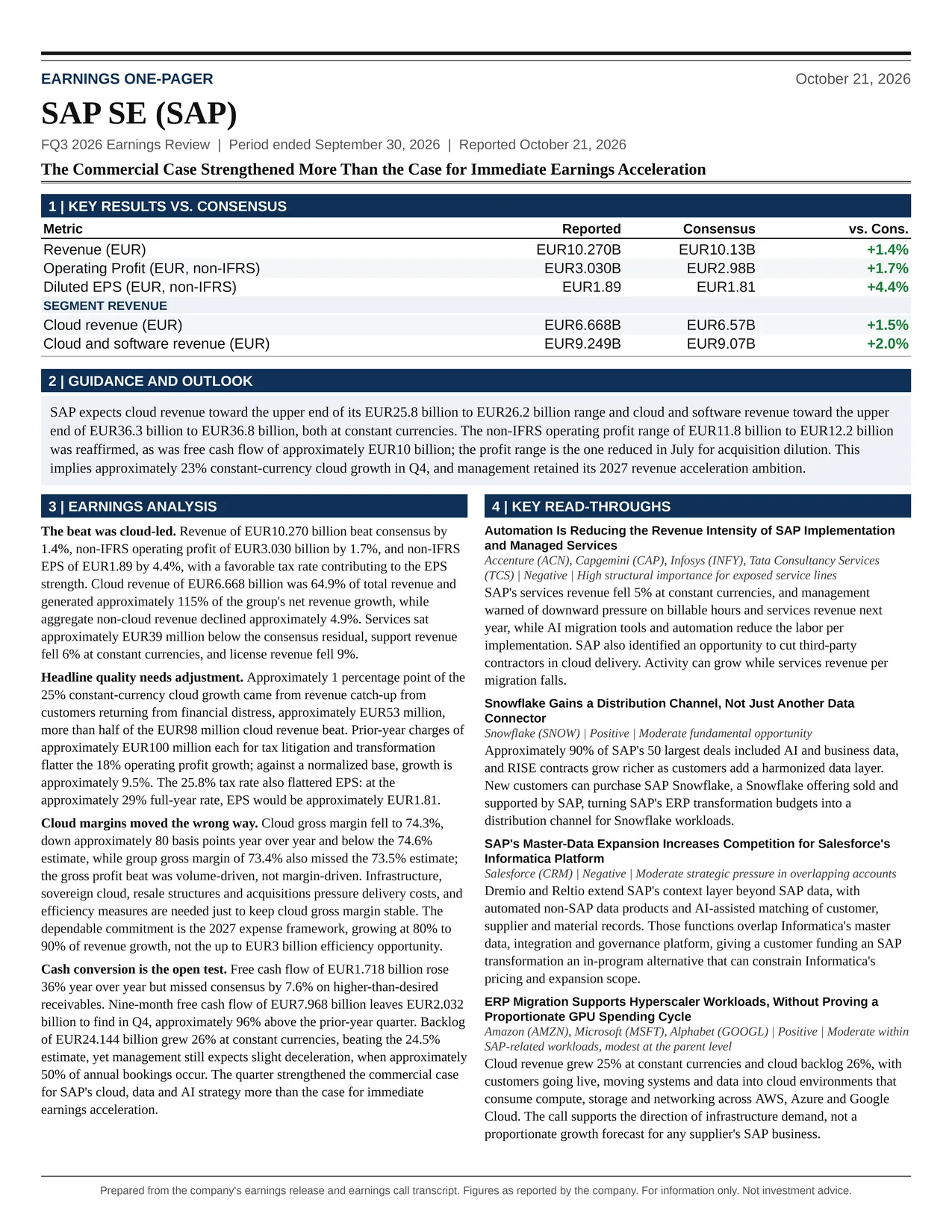 SAP SE FQ3 2026 one-page earnings exhibit: The Commercial Case Strengthened More Than the Case for Immediate Earnings Acceleration